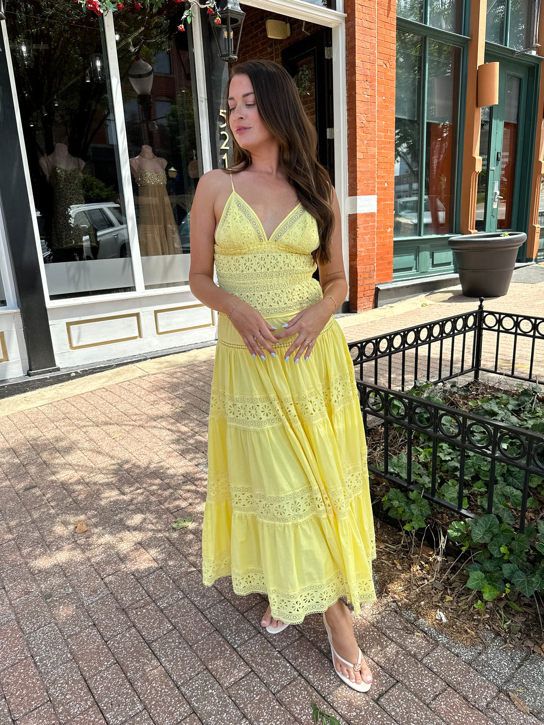 Yellow Tiered Eyelet Maxi Dress