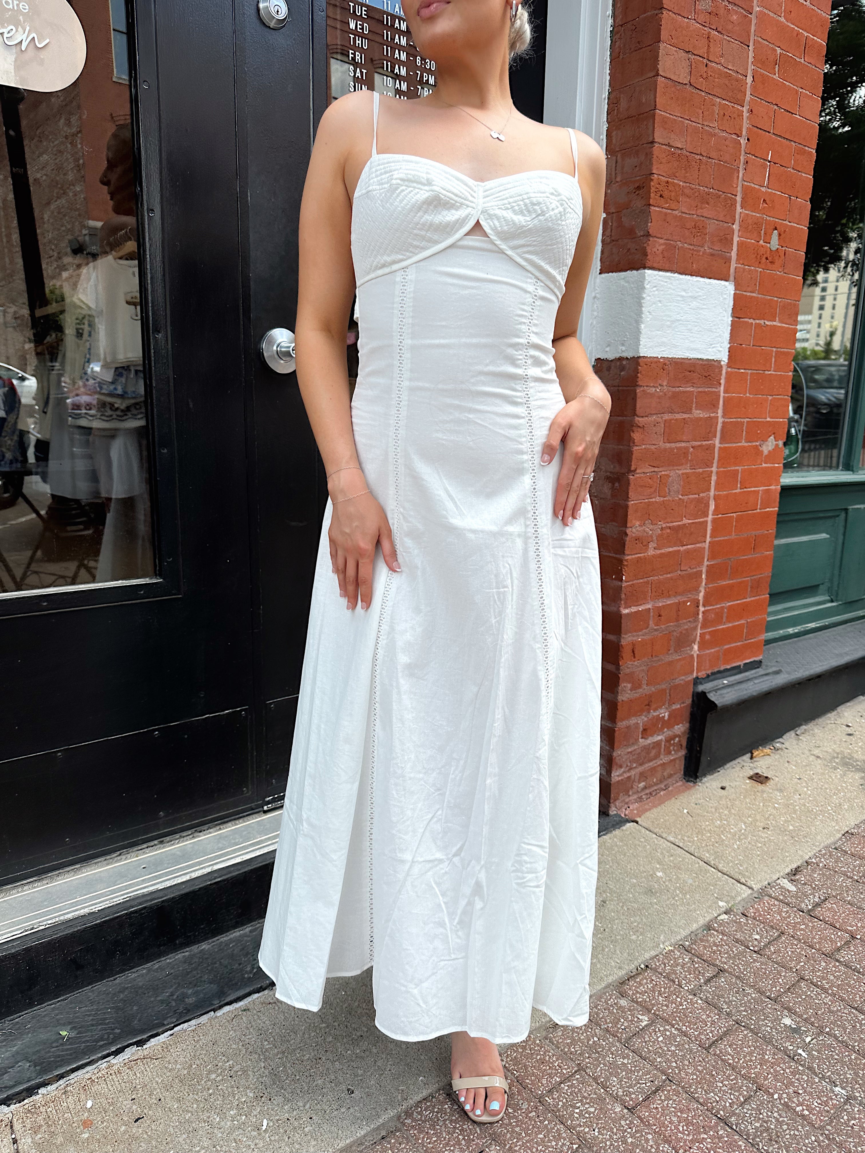 White textured eyelet maxi dress with tie back.