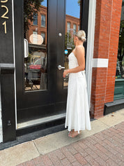 White textured eyelet maxi dress with tie back.