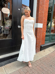 White textured eyelet maxi dress with tie back.