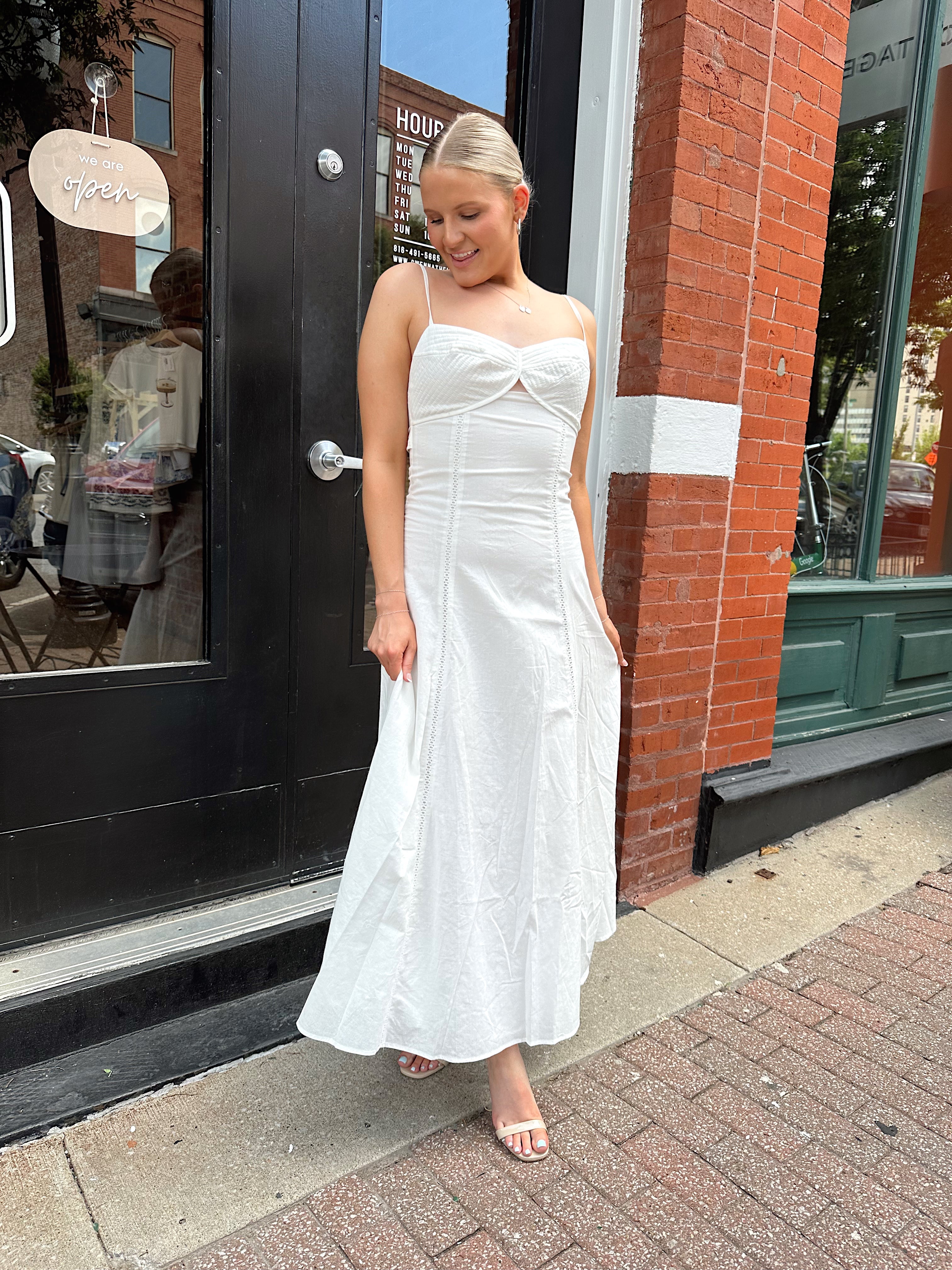 White textured eyelet maxi dress with tie back.