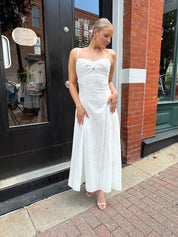 White textured eyelet maxi dress with tie back.