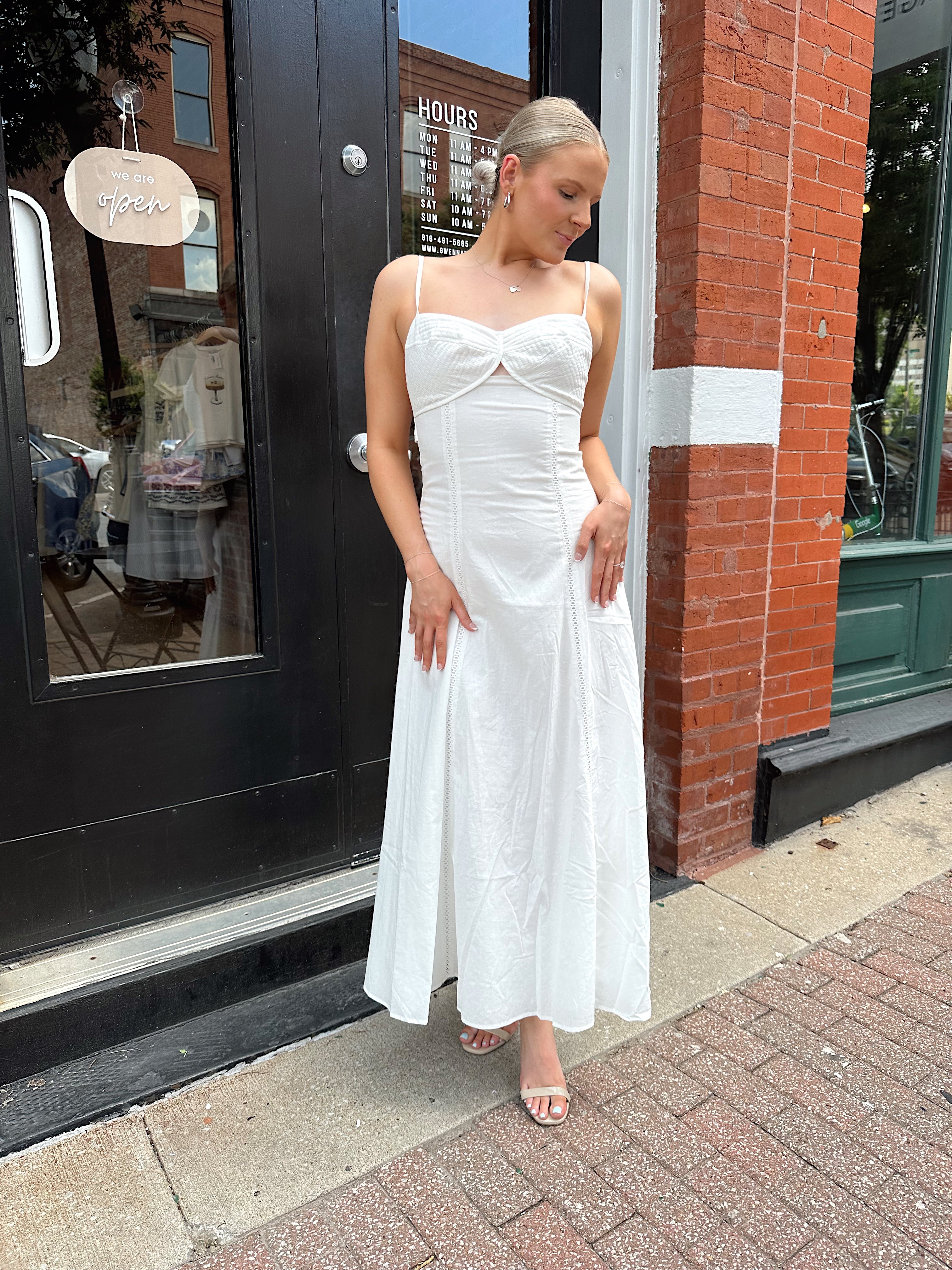 White textured eyelet maxi dress with tie back.