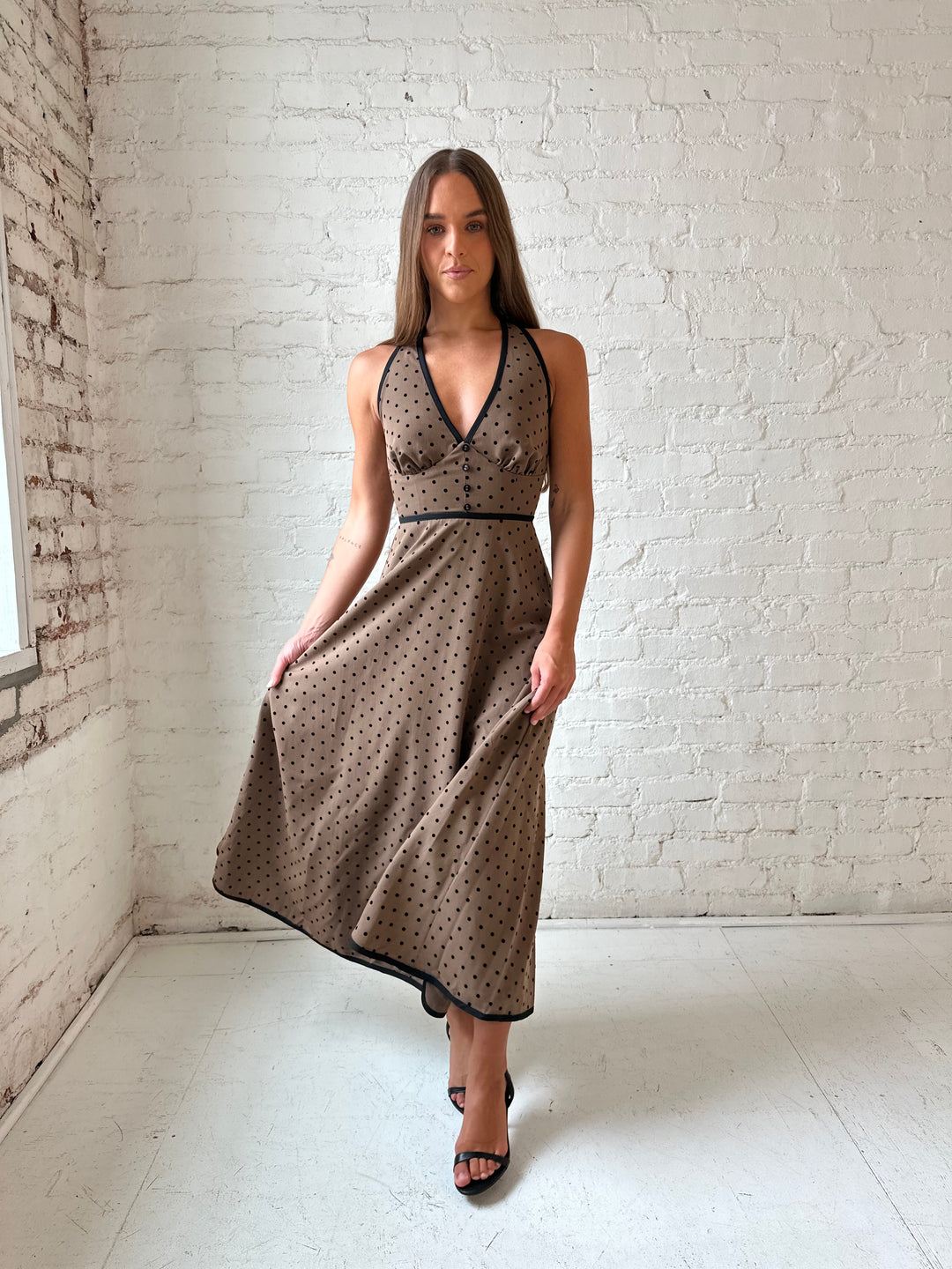 Brown Polka Dot Midi Dress