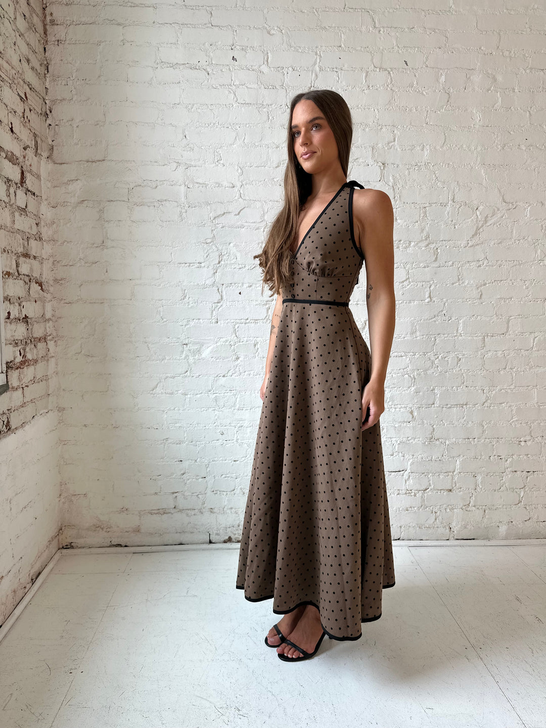 Brown Polka Dot Midi Dress