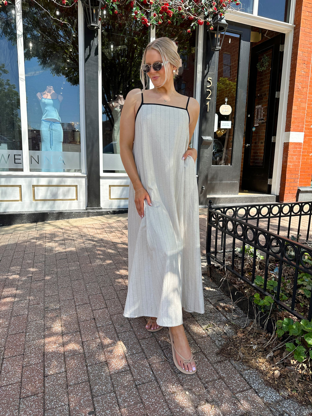 Merriam Neutral Pinstripe Maxi Dress Merriam Neutral Pinstripe Maxi Dress
