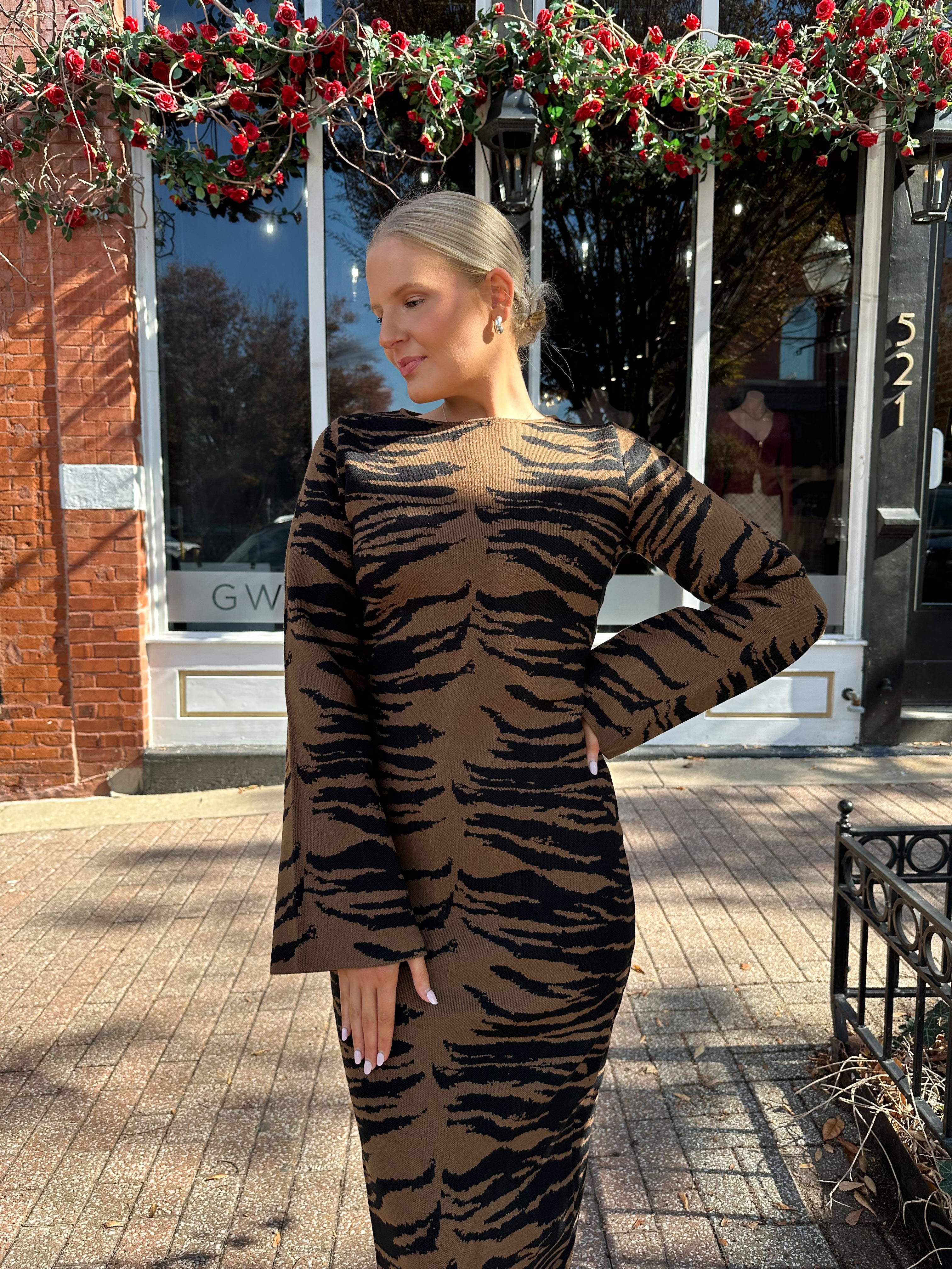 Woman wearing brown zebra print long sleeve sweater dress. 