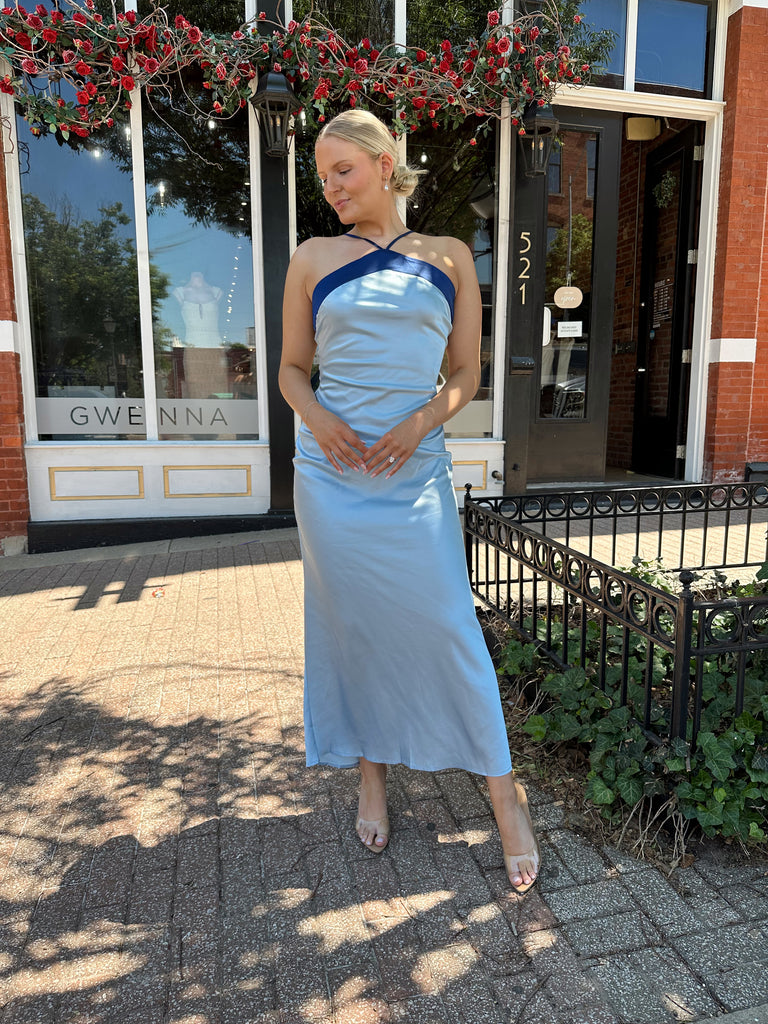 Blue Colorblock Satin Halter Maxi Dress