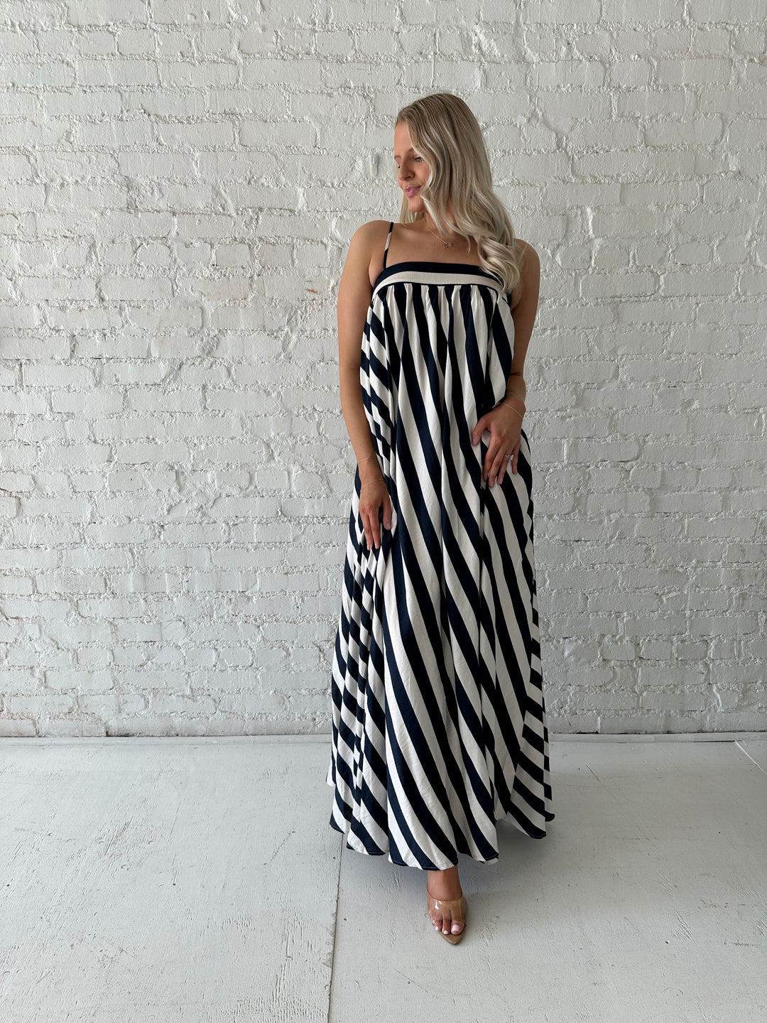 white and navy striped maxi dress Women's Striped Knit Maxi Dress M/L