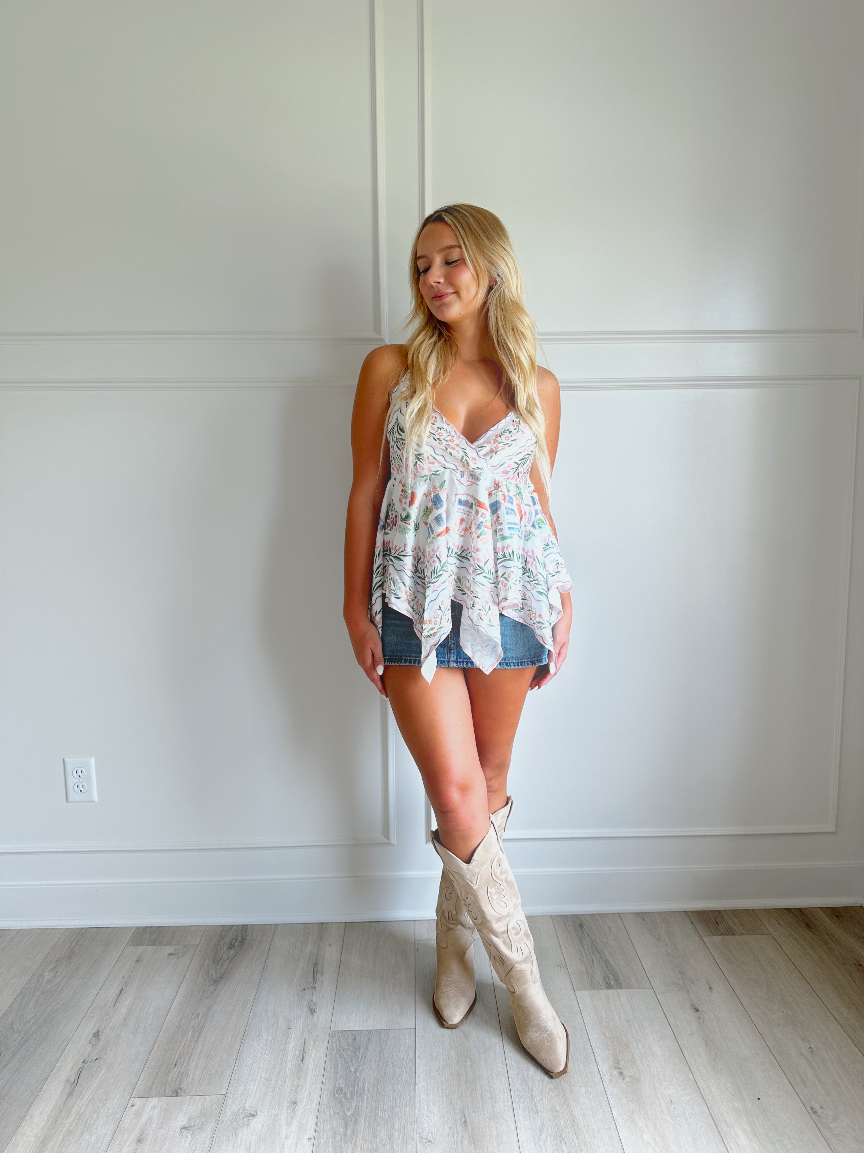 Satin halter top with a European village print vibe.