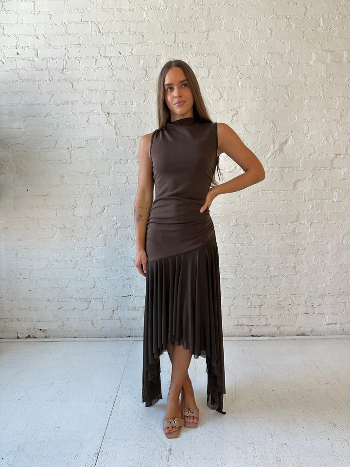 Woman wearing brown high neck maxi dress with mesh pleated bottom.