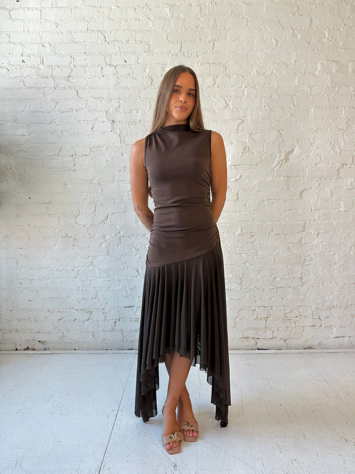 Woman wearing brown high neck maxi dress with mesh pleated bottom.