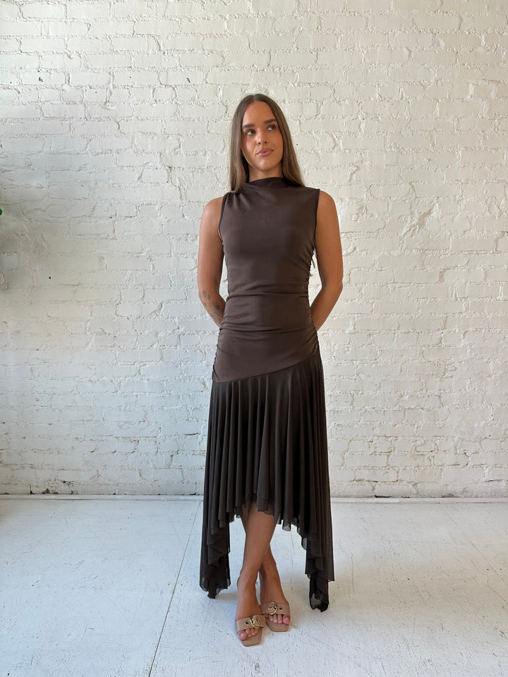 Woman wearing brown high neck maxi dress with mesh pleated bottom.