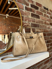 Niko Tan Leather Tote Bag with structured design, top handles, and removable matching inner pouch