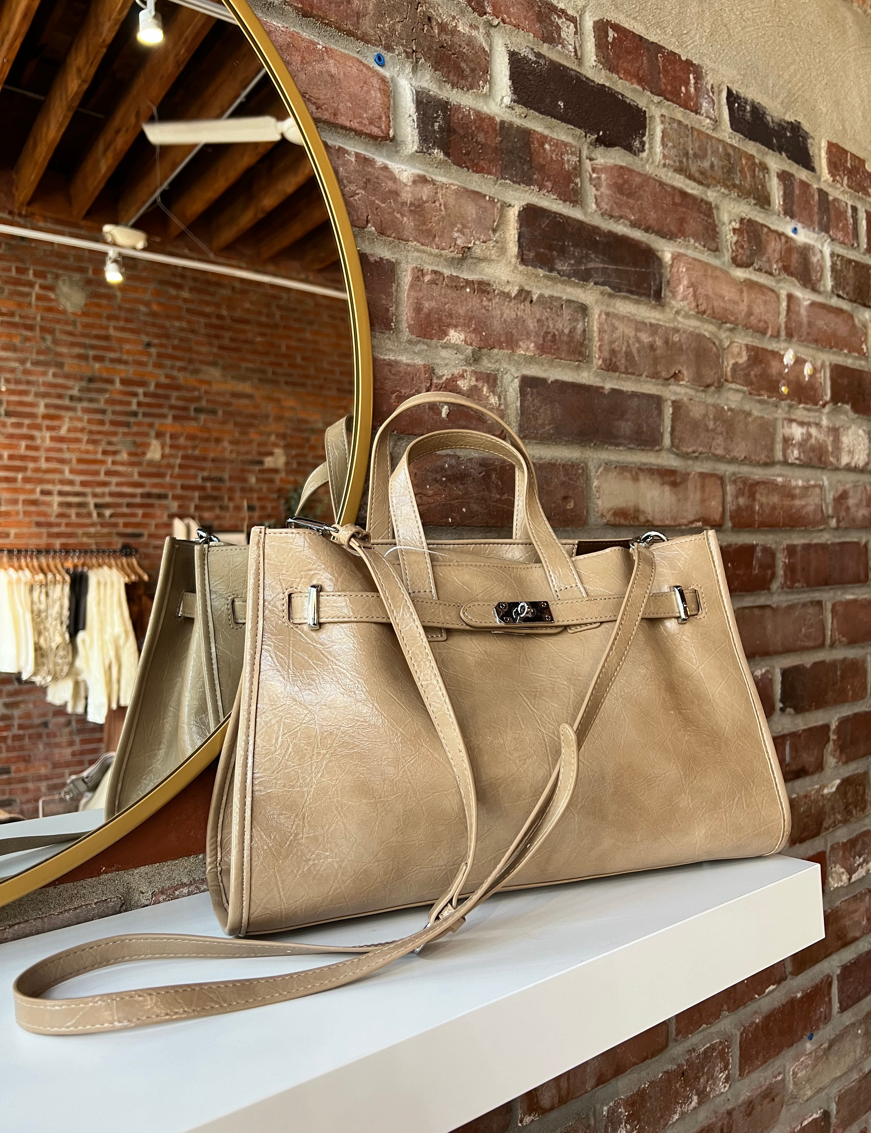 Niko Tan Leather Tote Bag with structured design, top handles, and removable matching inner pouch
