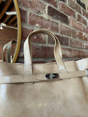 Niko Tan Leather Tote Bag with structured design, top handles, and removable matching inner pouch