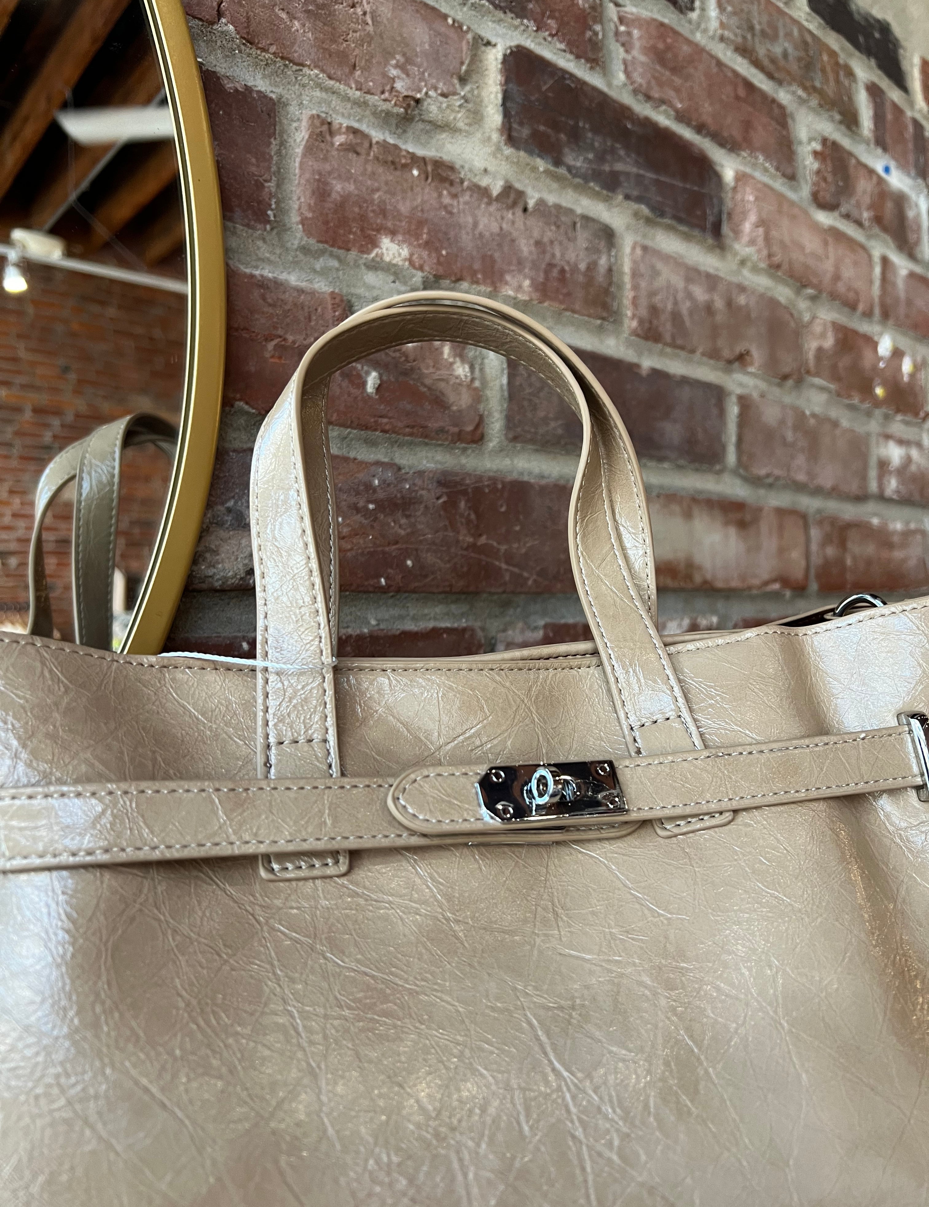 Niko Tan Leather Tote Bag with structured design, top handles, and removable matching inner pouch