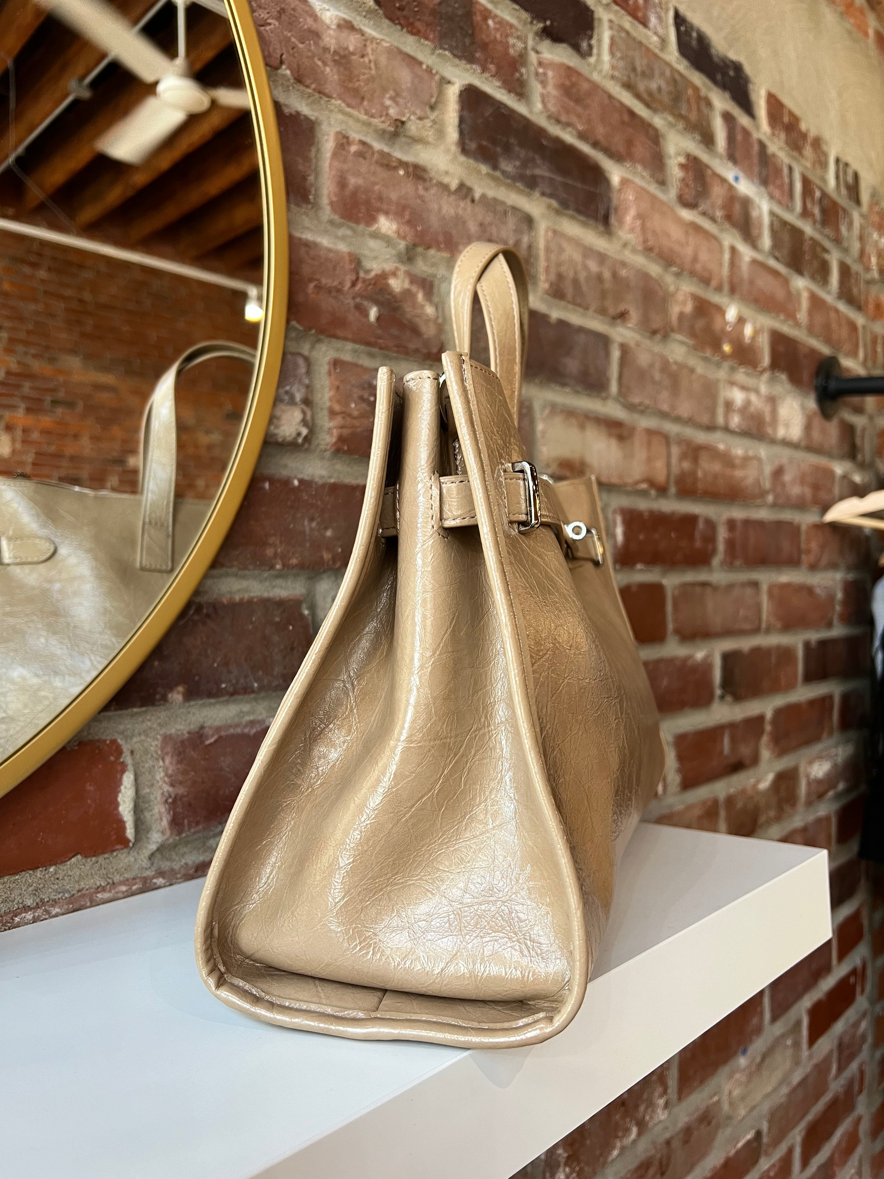 Niko Tan Leather Tote Bag with structured design, top handles, and removable matching inner pouch