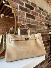 Niko Tan Leather Tote Bag with structured design, top handles, and removable matching inner pouch