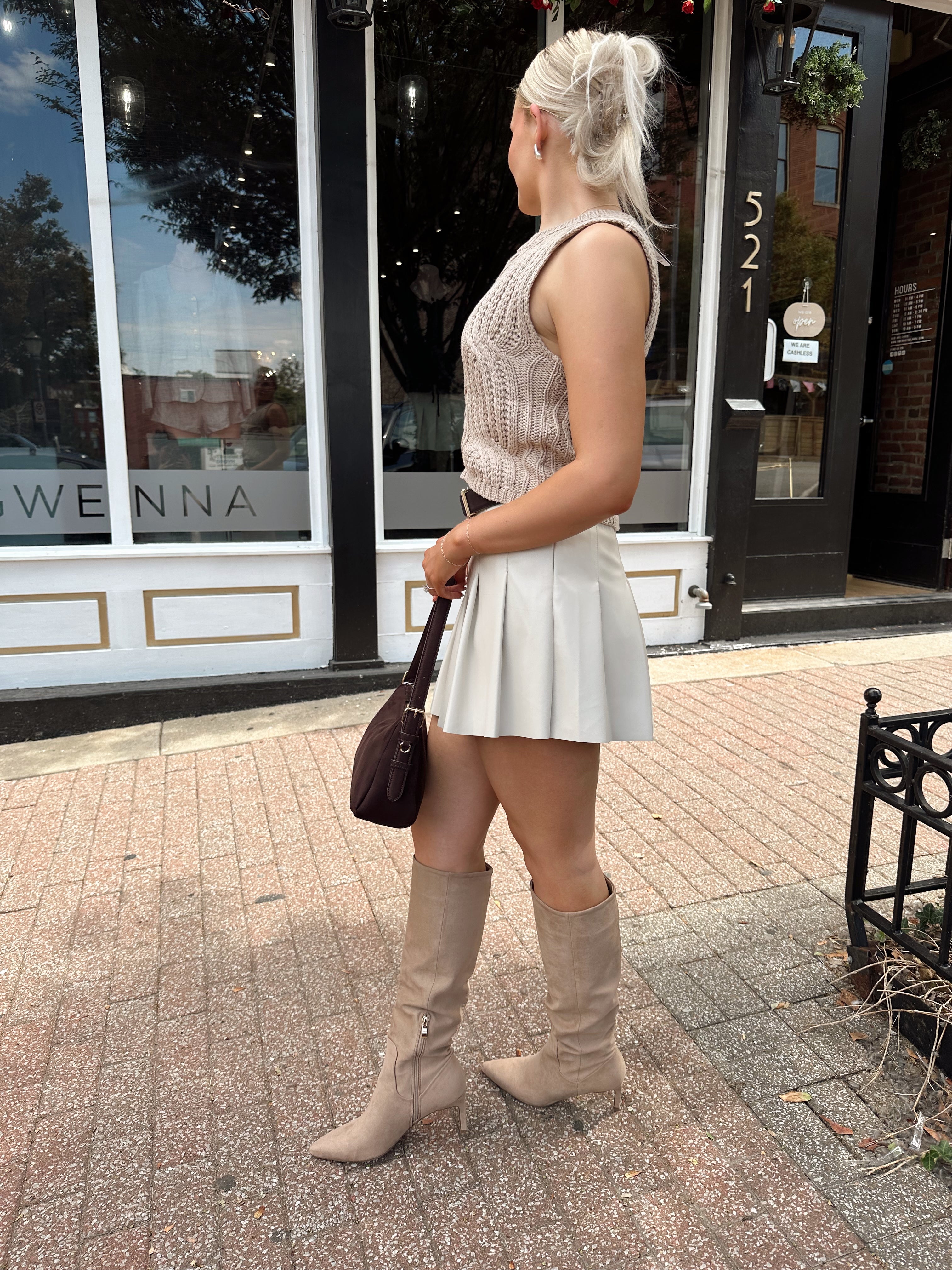 Beige cable knit sleeveless sweater top 