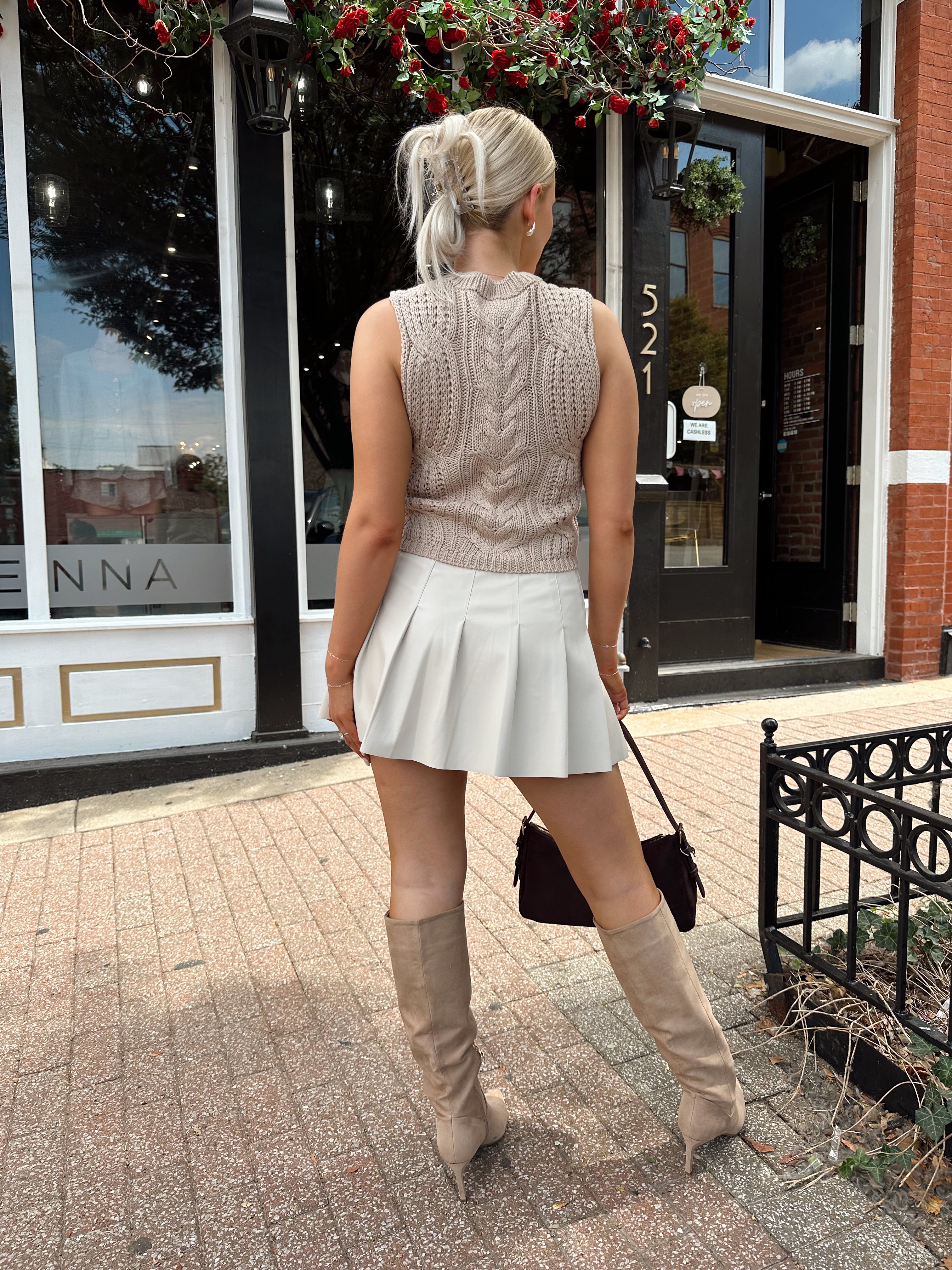 Beige cable knit sleeveless sweater top 