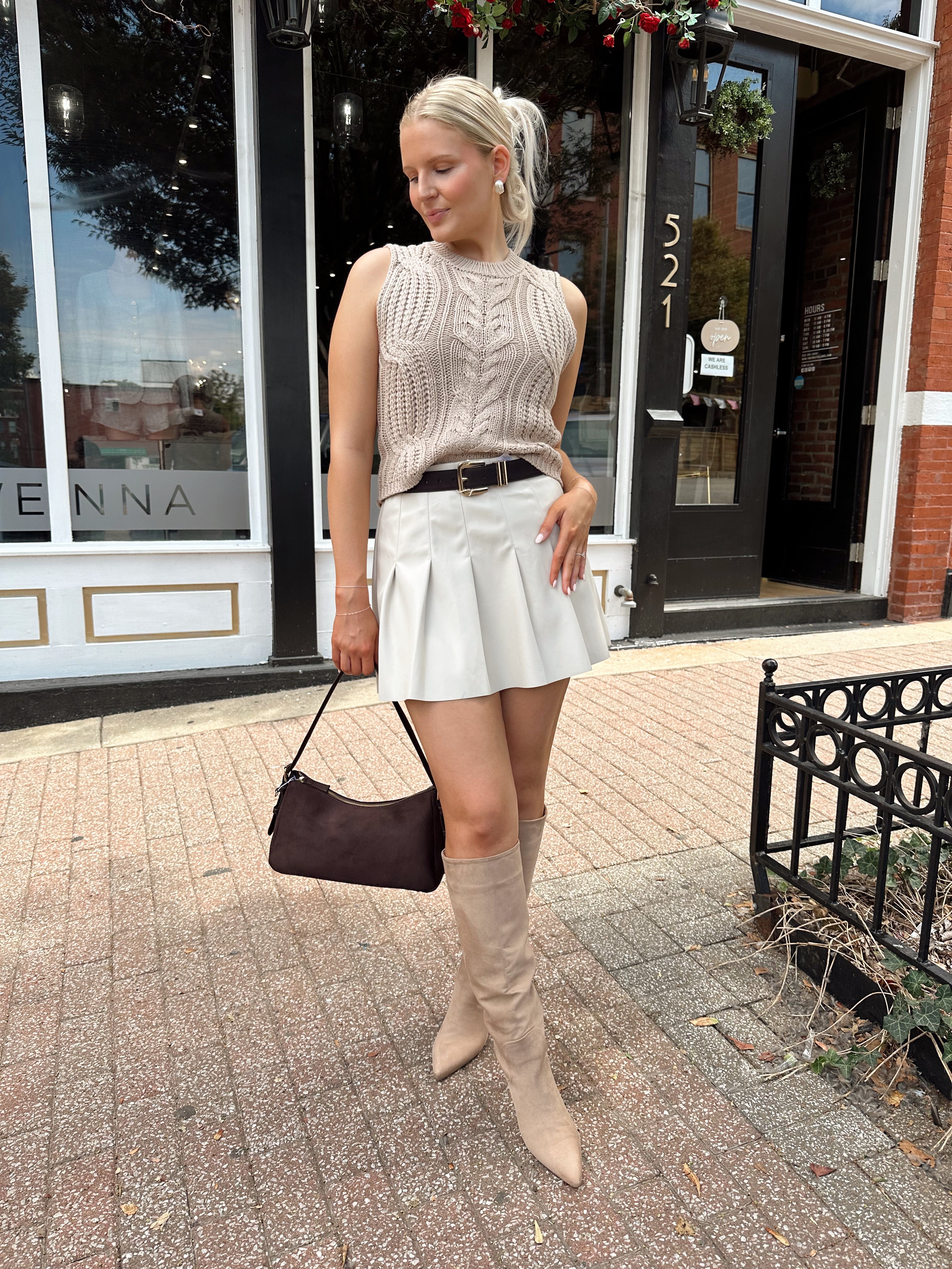 Beige cable knit sleeveless sweater top 