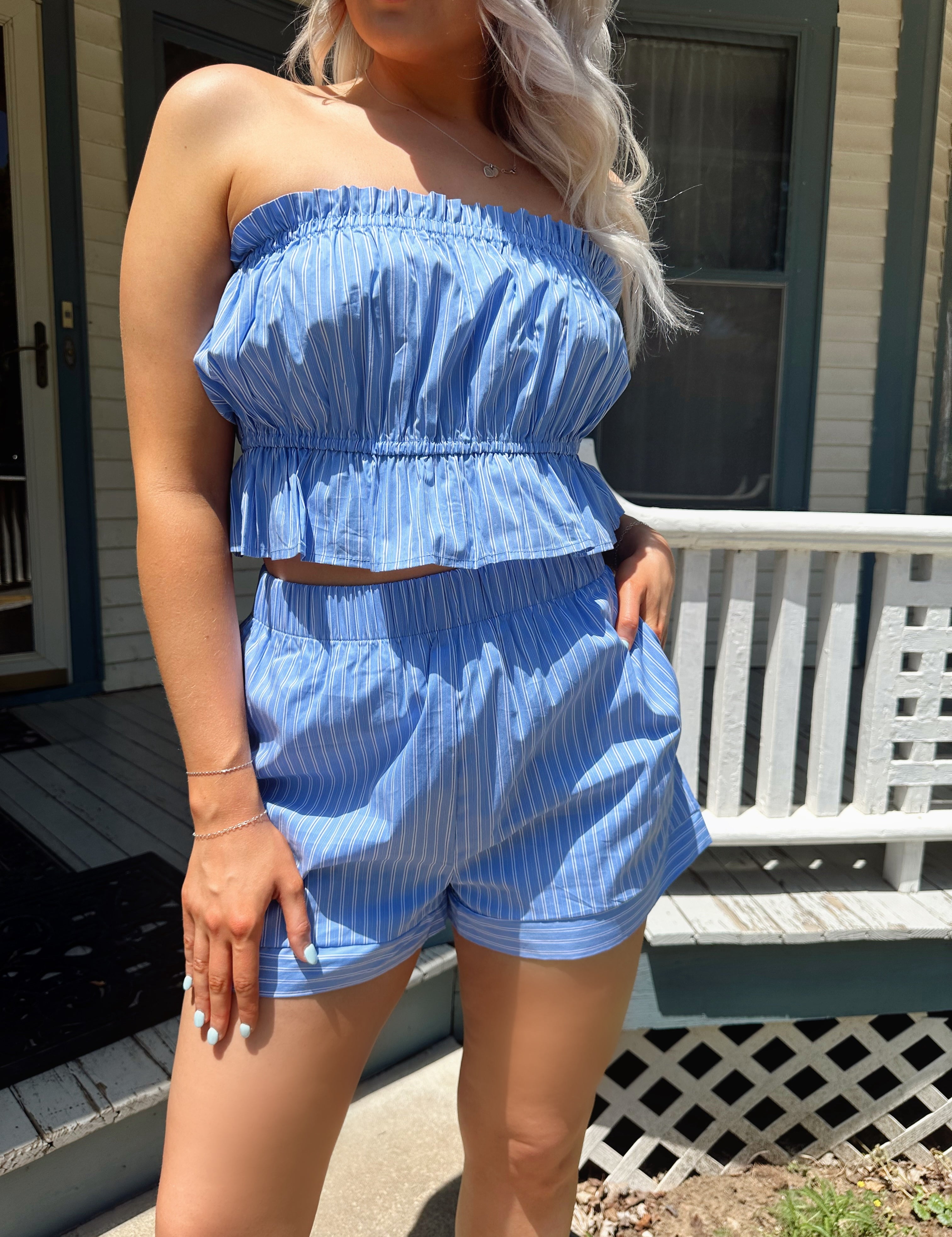 Blue striped two piece set with ruched elastic tube top and high waisted shorts