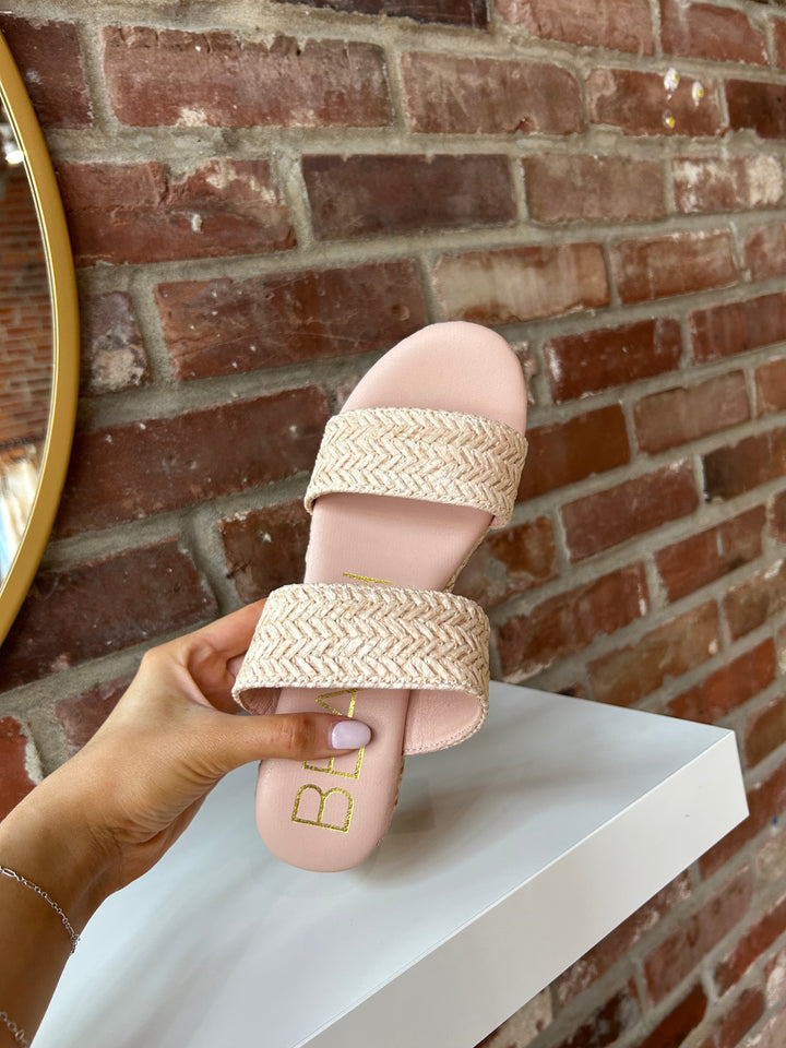 Woven platform heel with subtle shimmer.