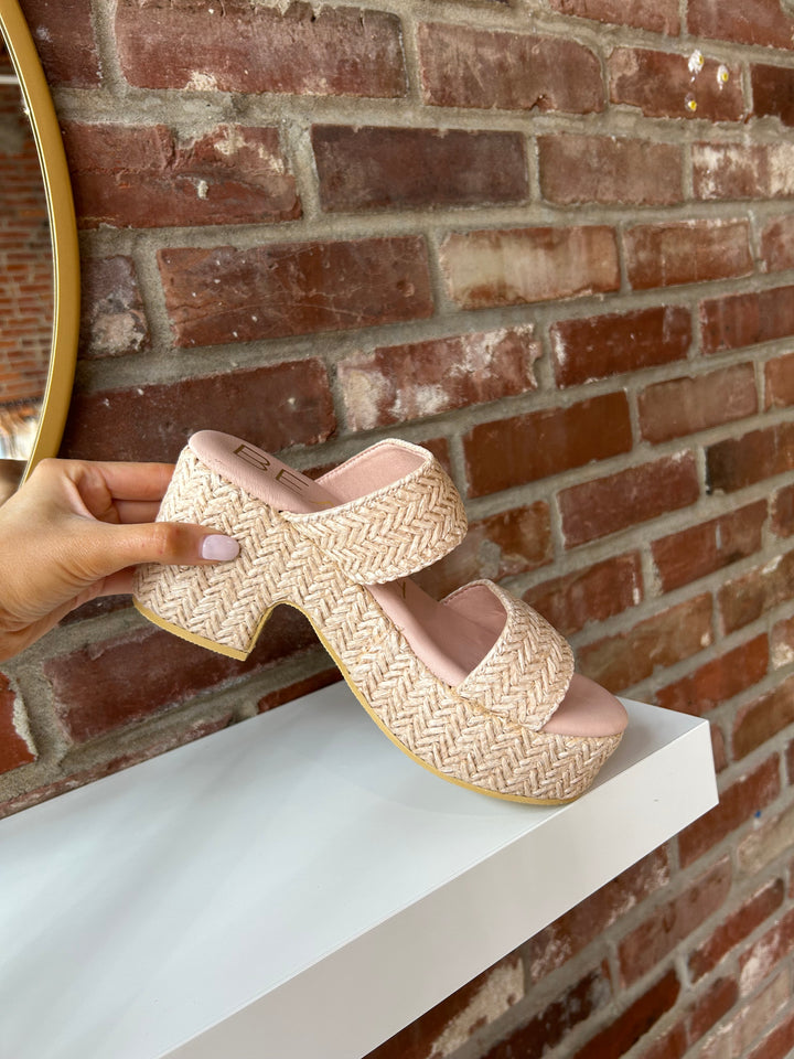 Woven platform heel with subtle shimmer.
