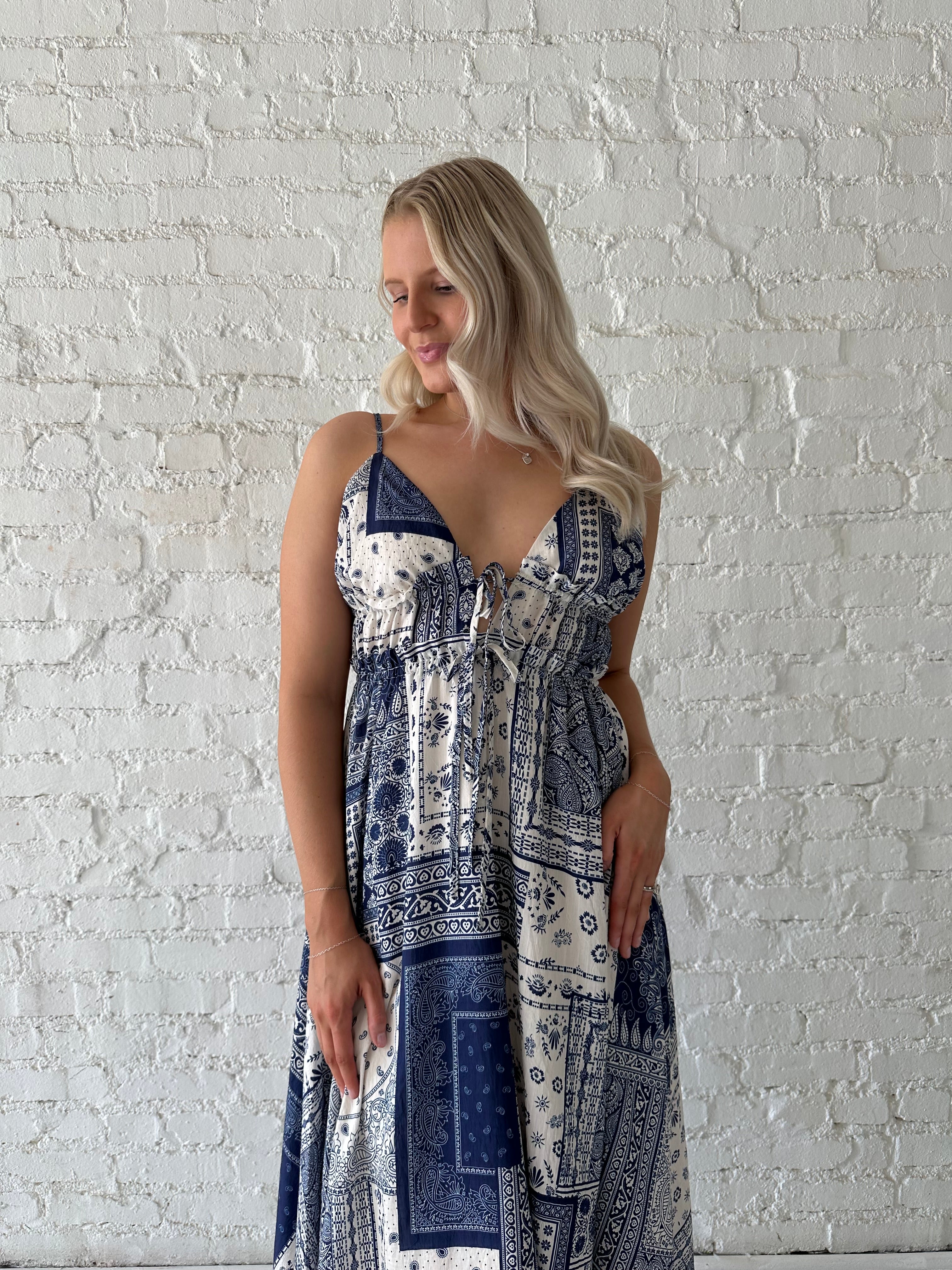 Navy Patchwork Midi Dress | Tie Front V-Neck Dress – Gwenna The Label