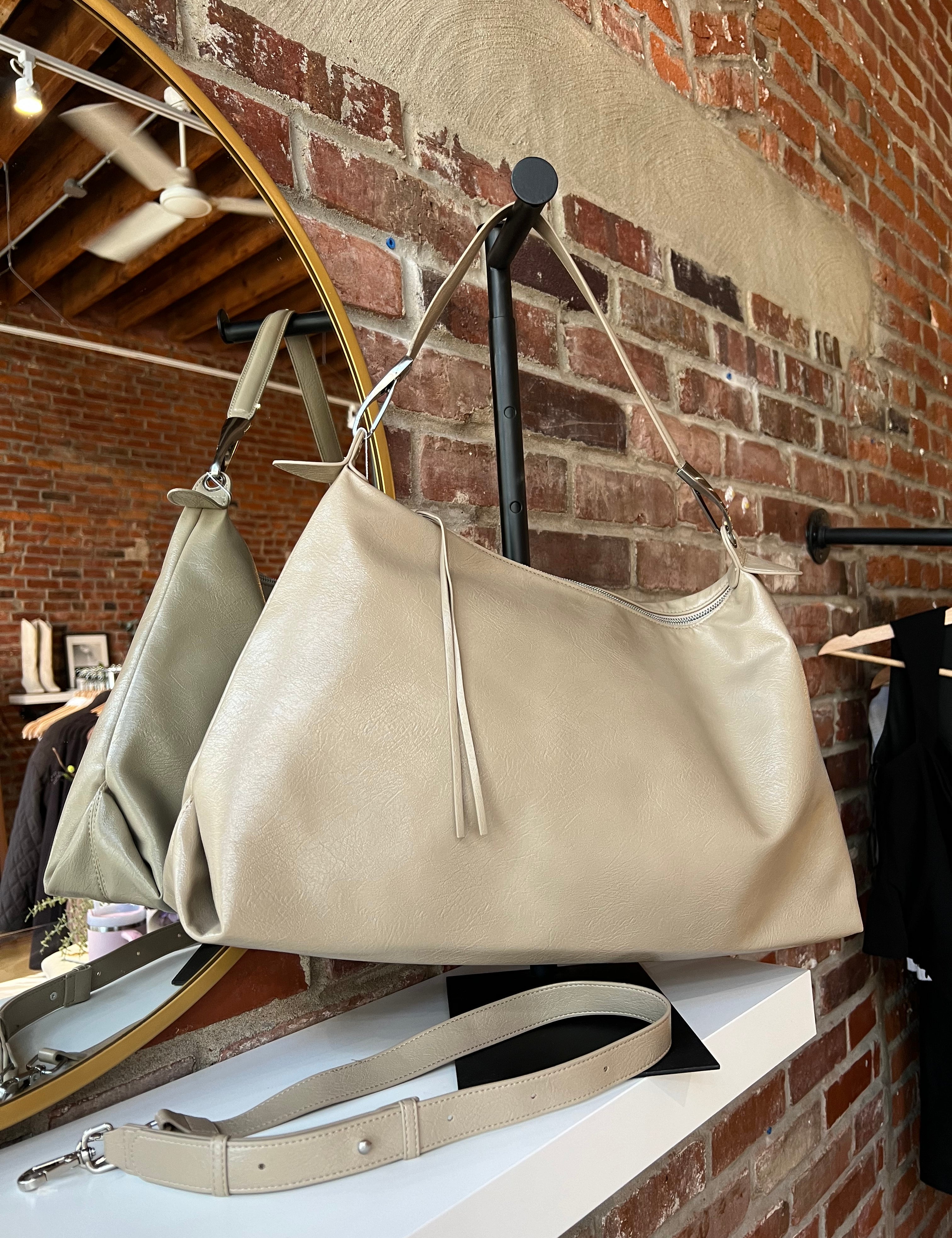 Palmer Beige Leather Shoulder Bag with short shoulder strap and adjustable long crossbody strap