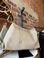 Palmer Beige Leather Shoulder Bag with short shoulder strap and adjustable long crossbody strap