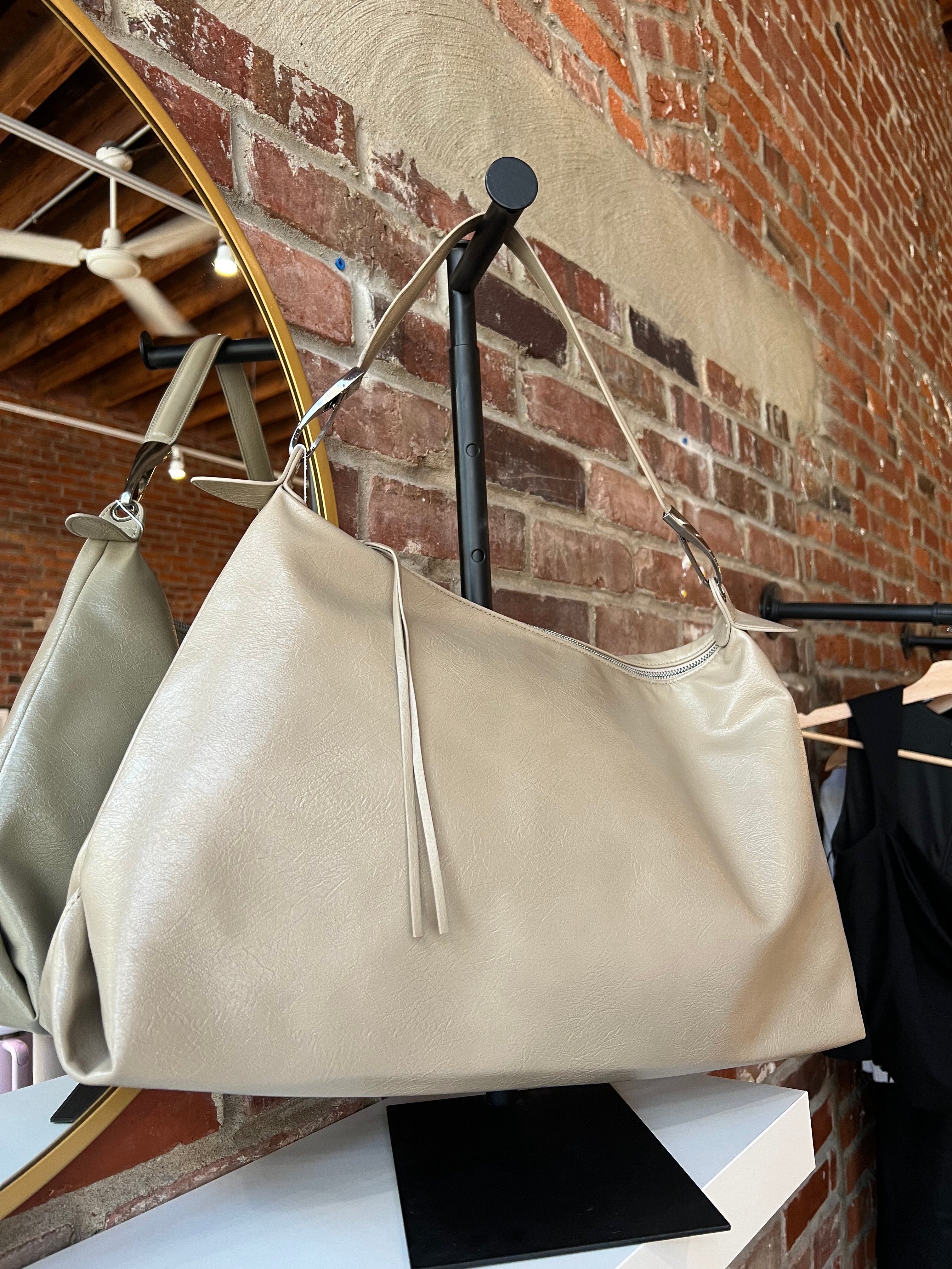 Palmer Beige Leather Shoulder Bag with short shoulder strap and adjustable long crossbody strap