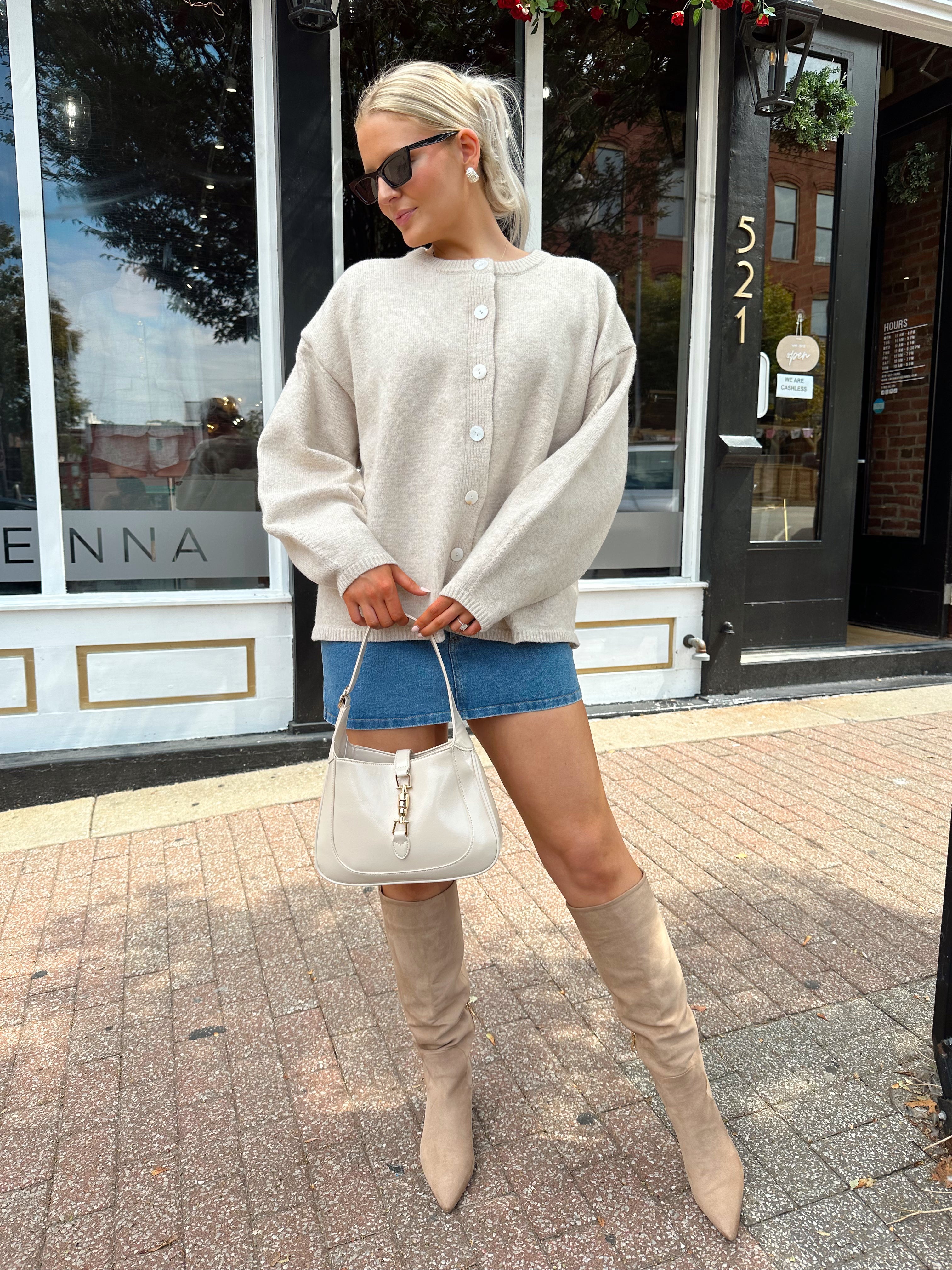 Oatmeal colored balloon sleeve button down cardigan. 