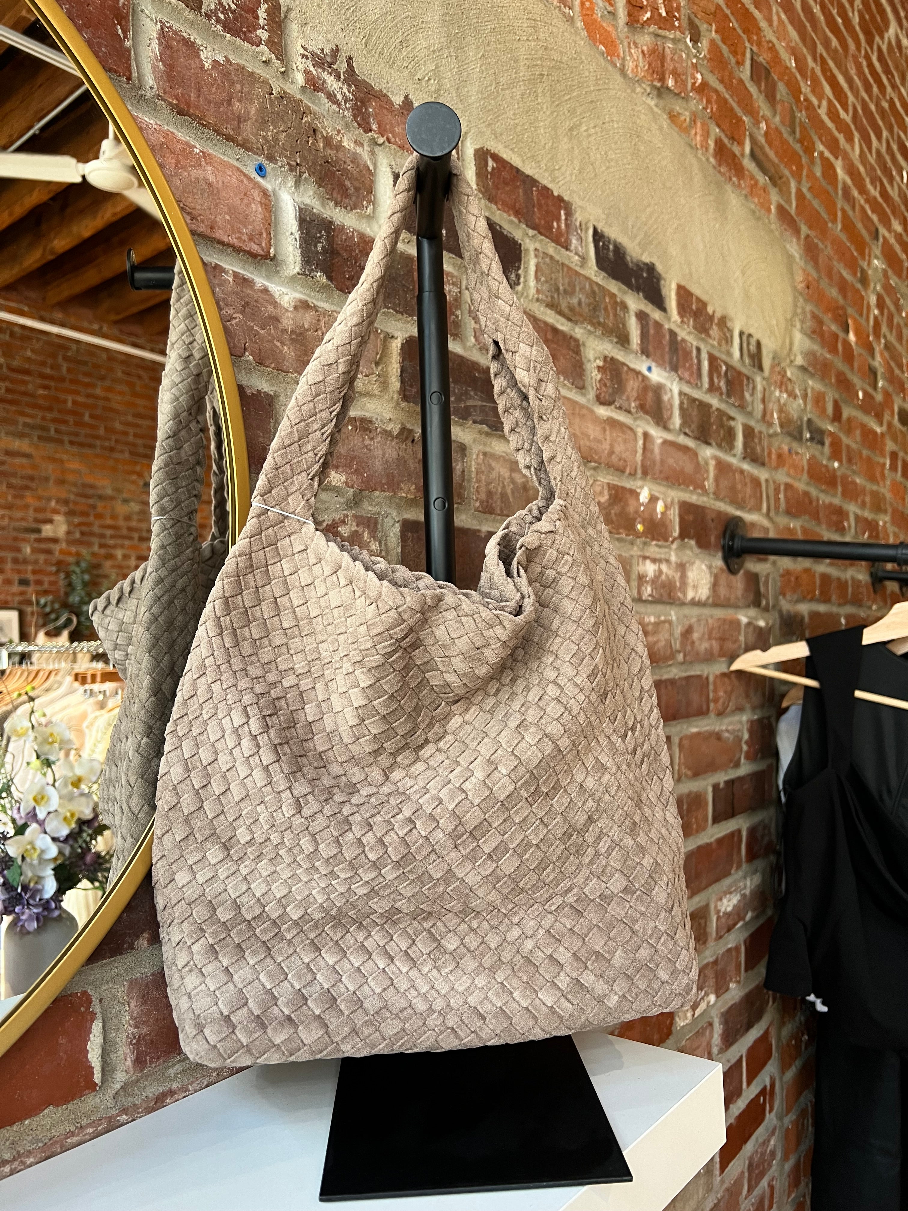 Perry Suede Woven Shoulder Bag in textured taupe with soft suede weave and wide shoulder strap