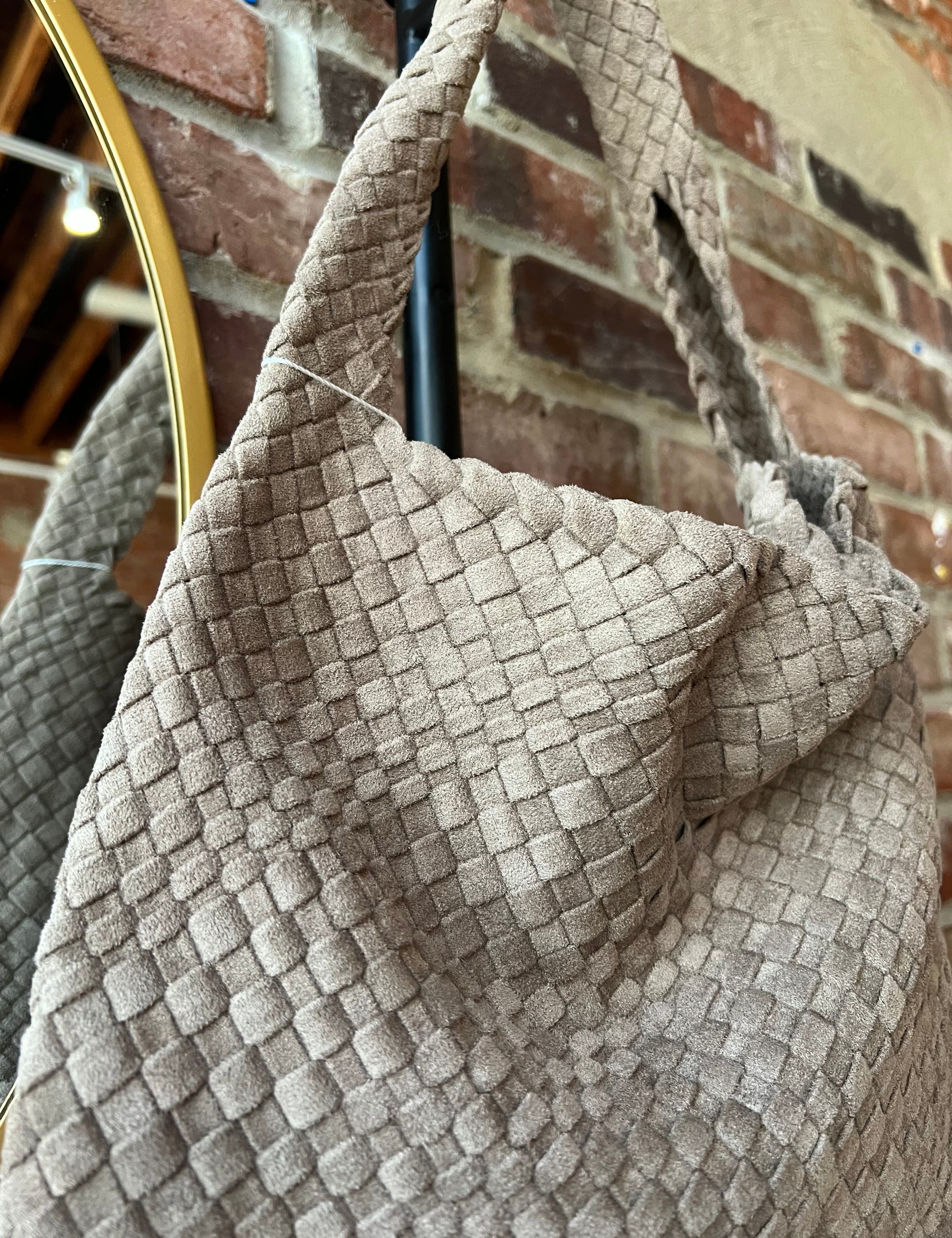 Perry Suede Woven Shoulder Bag in textured taupe with soft suede weave and wide shoulder strap