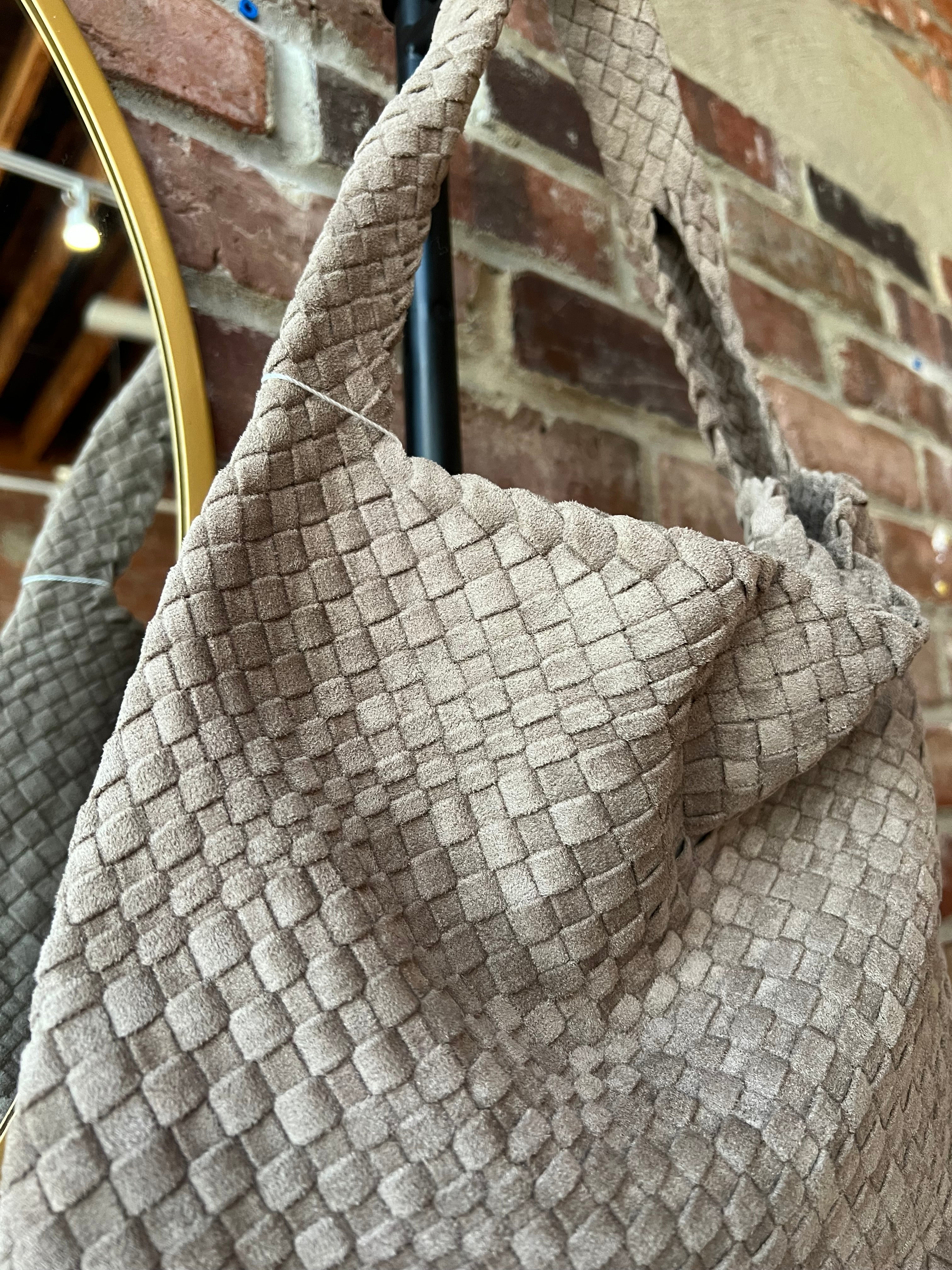 Perry Suede Woven Shoulder Bag in textured taupe with soft suede weave and wide shoulder strap