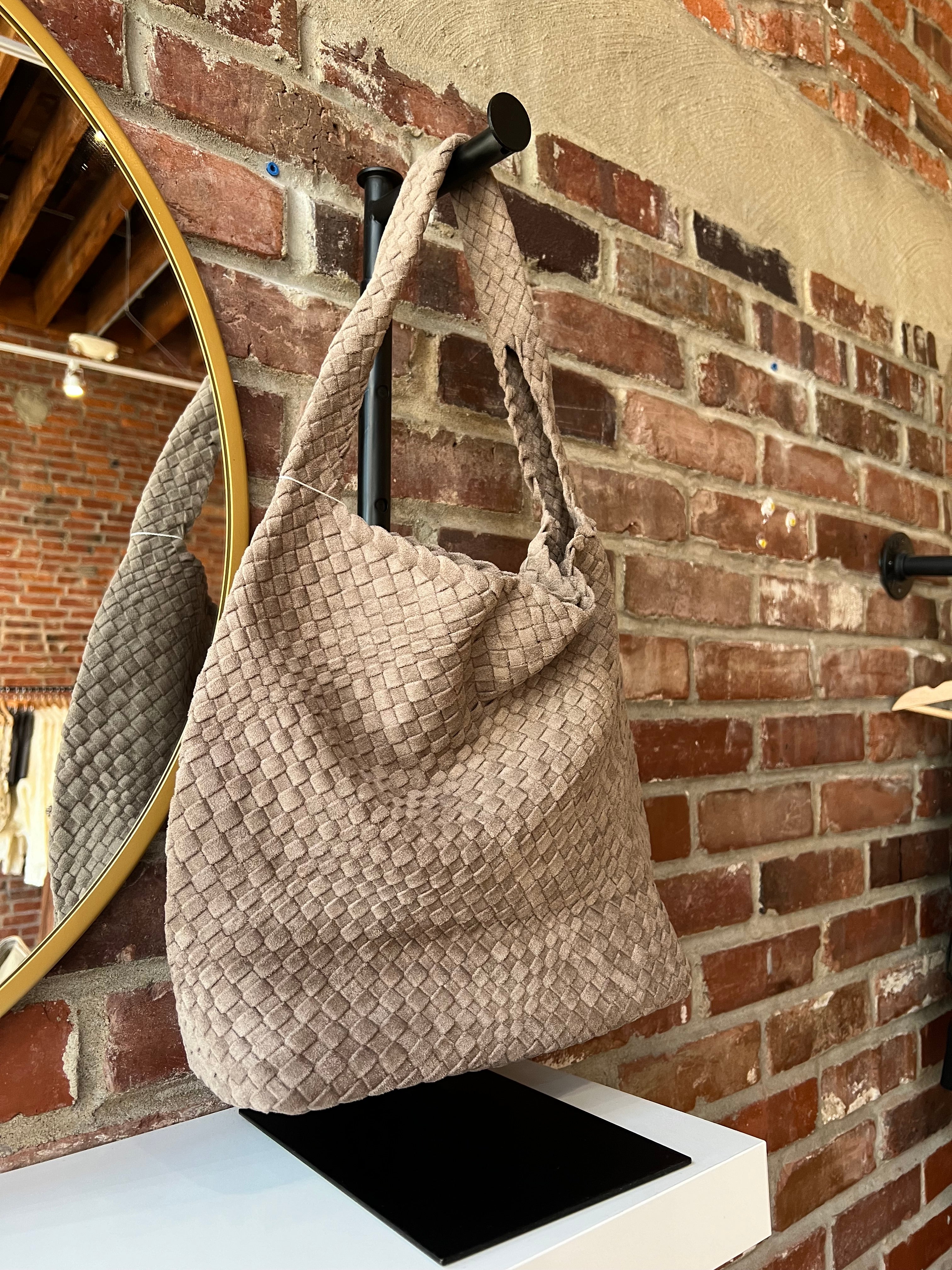 Perry Suede Woven Shoulder Bag in textured taupe with soft suede weave and wide shoulder strap