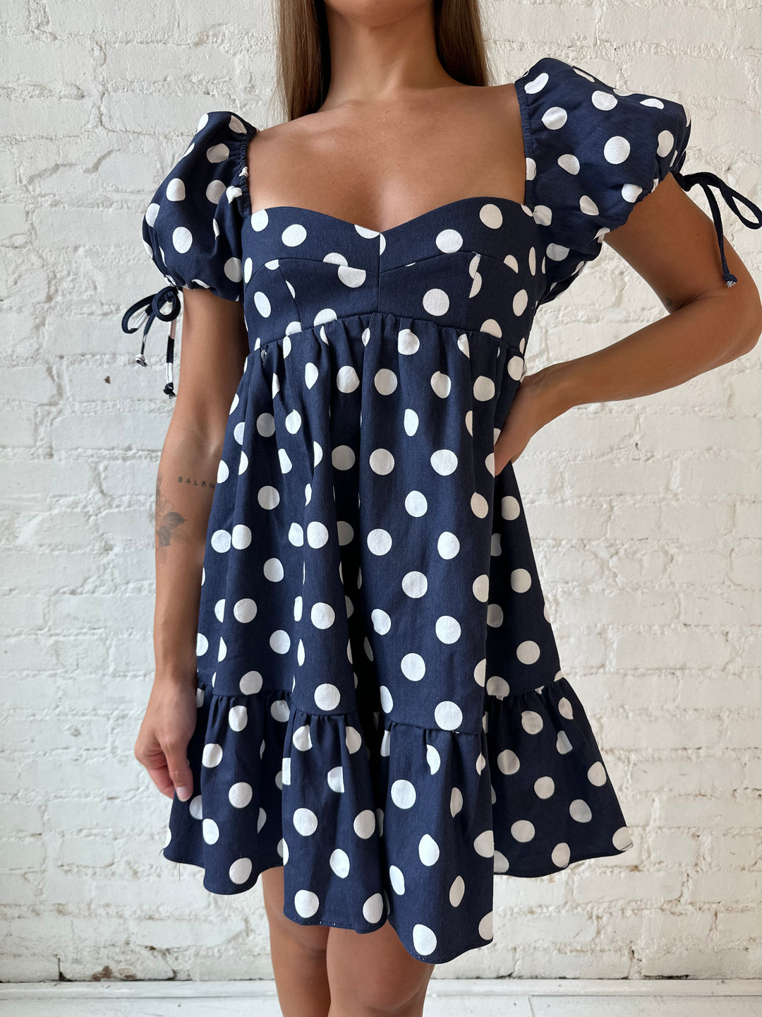 Navy Polka Dot Puff Sleeve Mini Dress