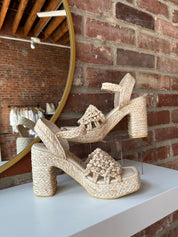 Natural woven raffia platform heel with ankle strap and chunky block heel
