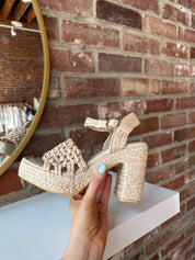 Natural woven raffia platform heel with ankle strap and chunky block heel
