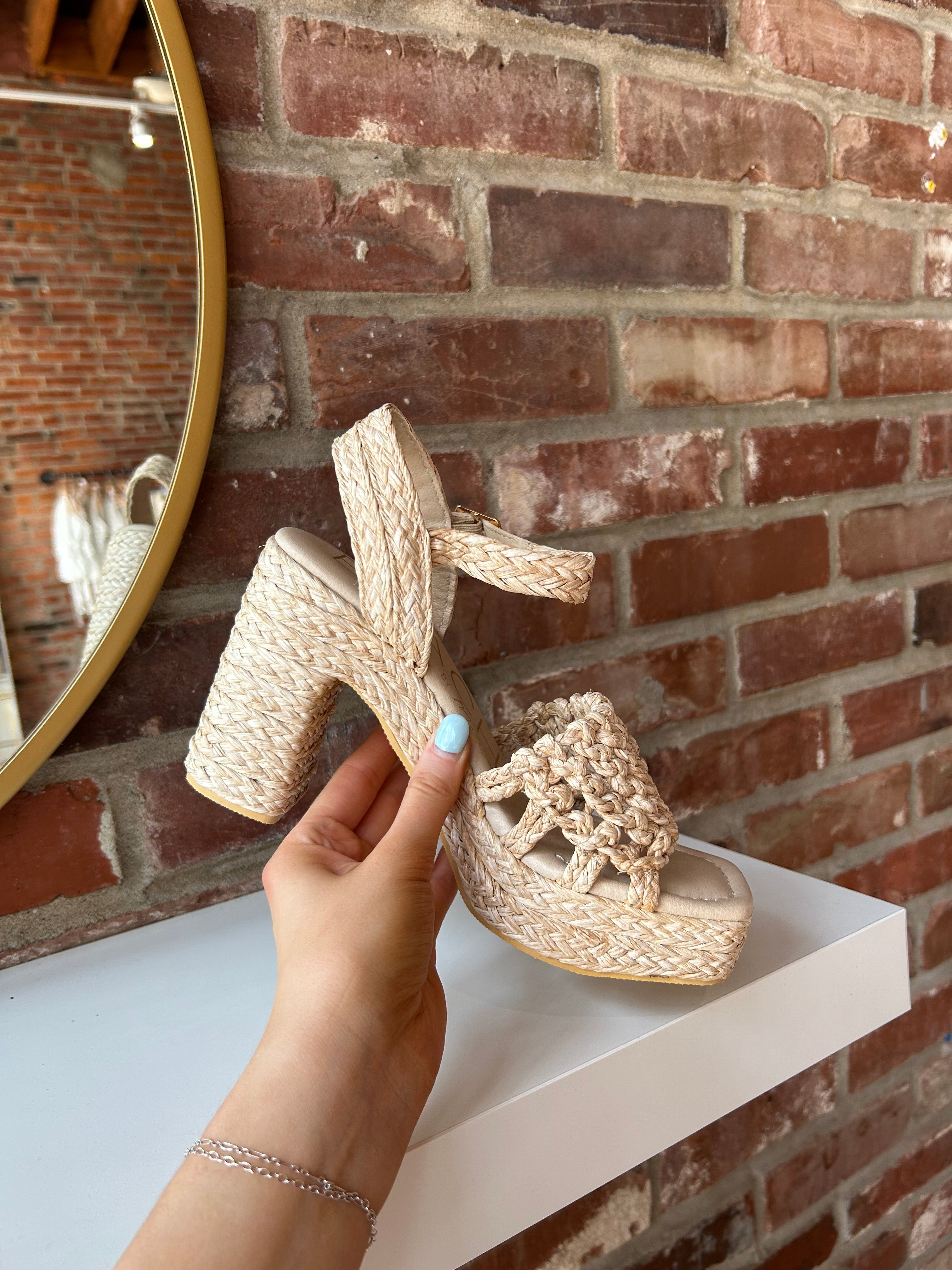 Natural woven raffia platform heel with ankle strap and chunky block heel