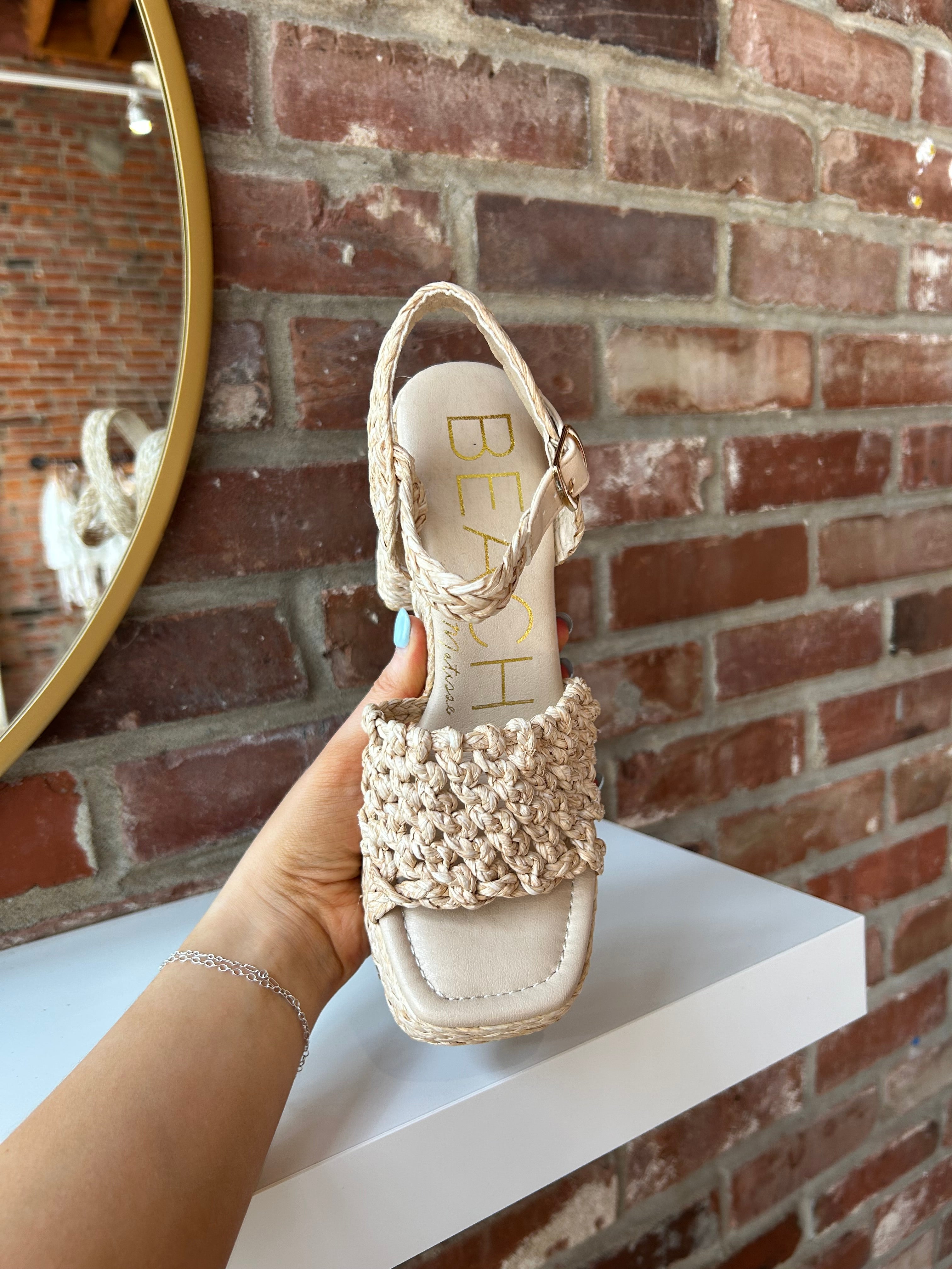 Natural woven raffia platform heel with ankle strap and chunky block heel