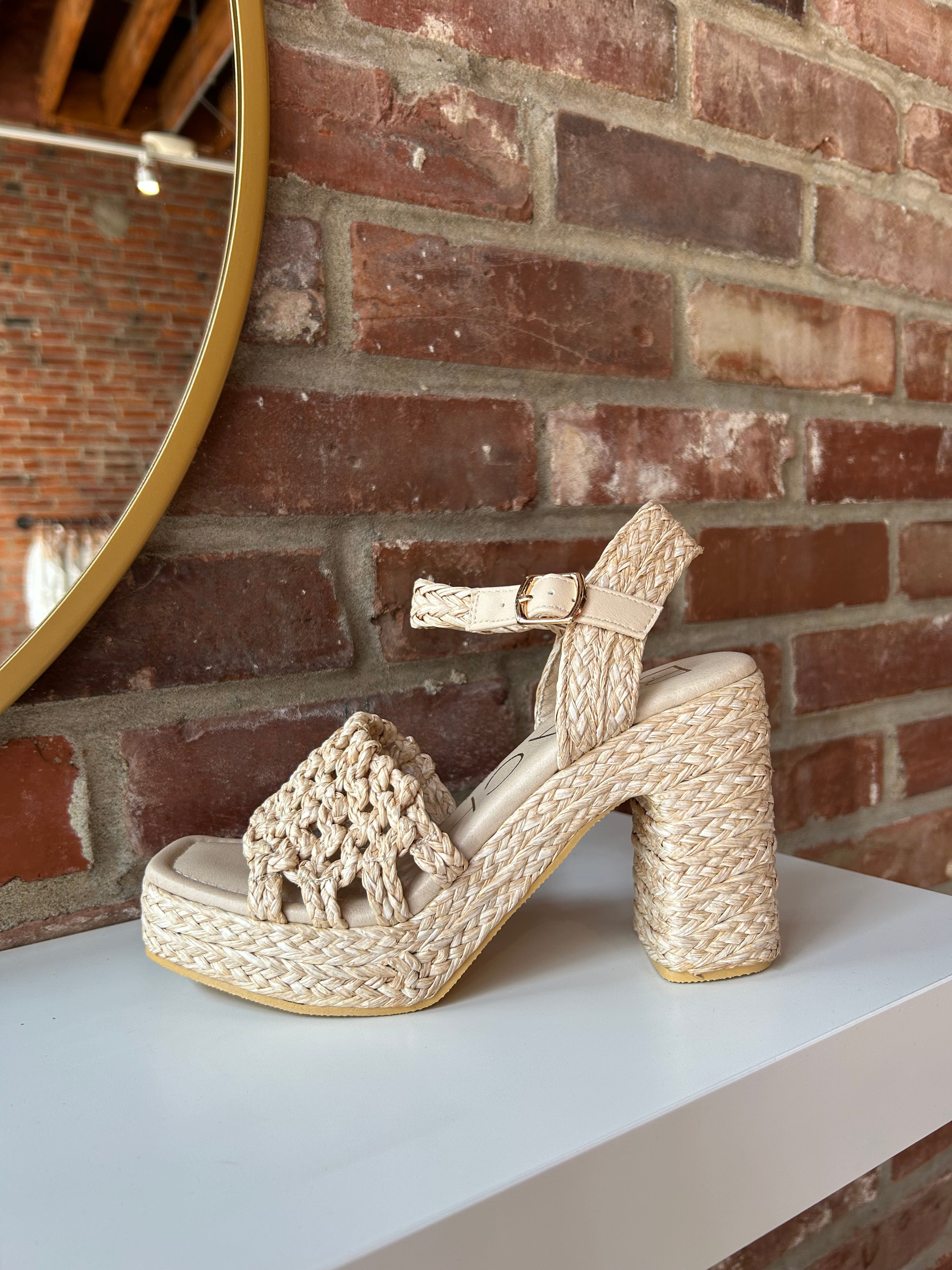 Natural woven raffia platform heel with ankle strap and chunky block heel