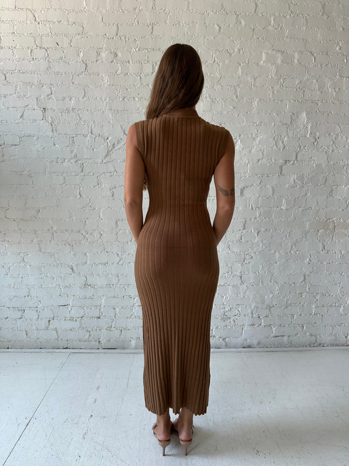 Woman wearing brown knit midi dress with high neckline.