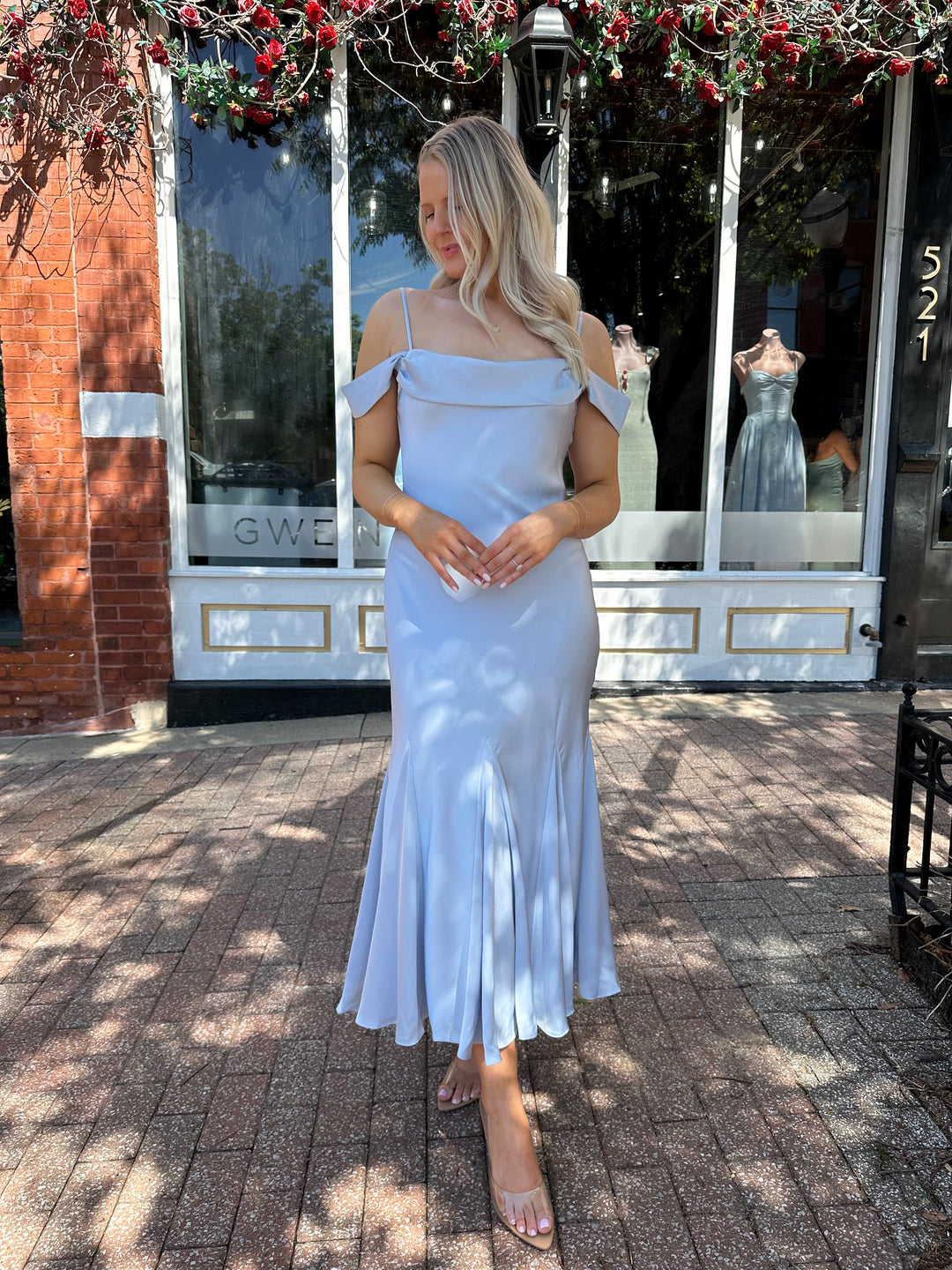 Raylin Blue Satin Off The Shoulder Midi Dress