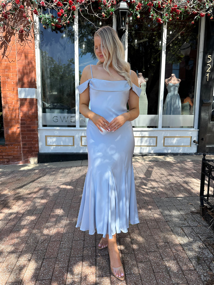 Raylin Blue Satin Off The Shoulder Midi Dress
