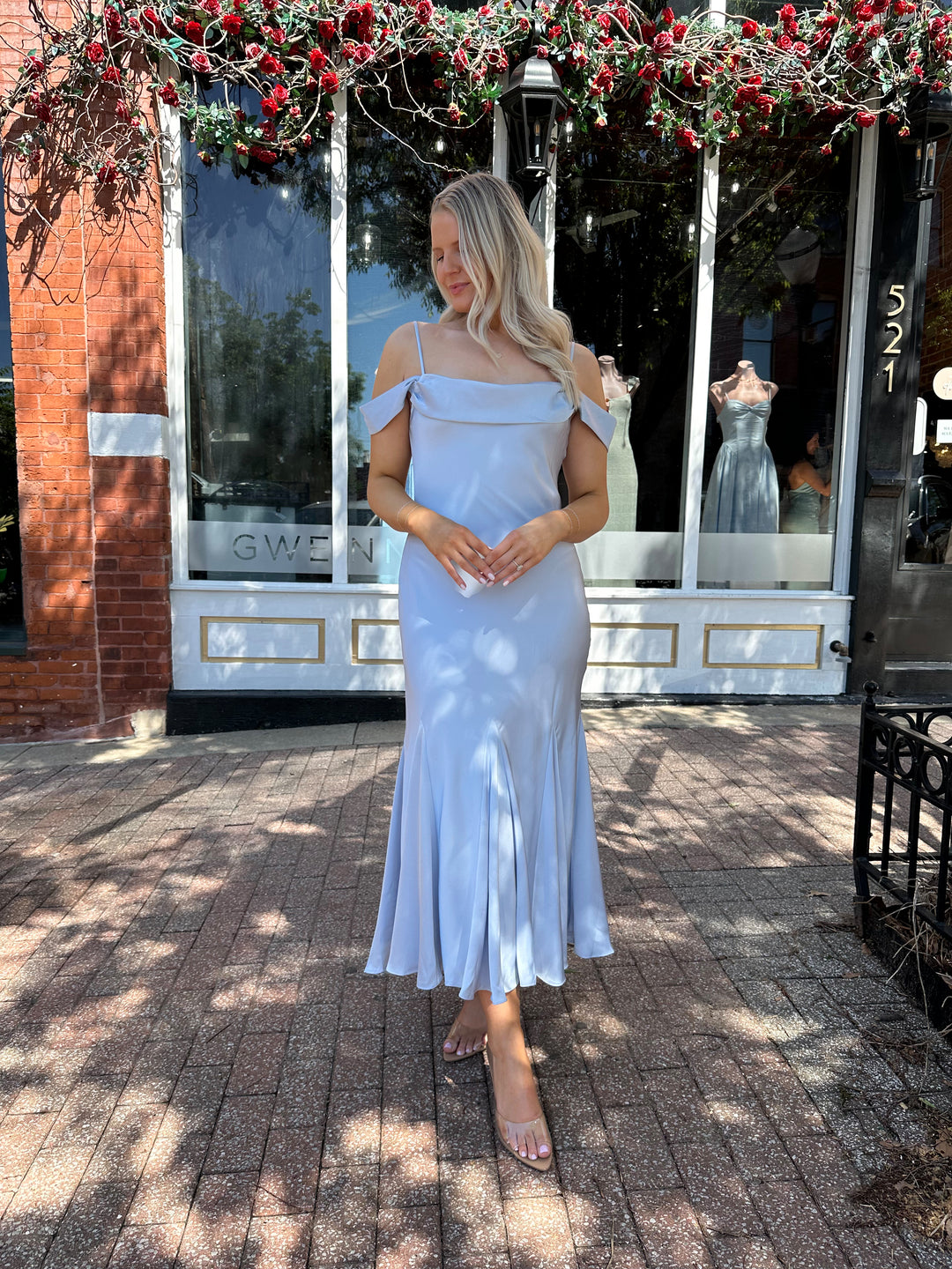 Blue Satin Off The Shoulder Midi Dress