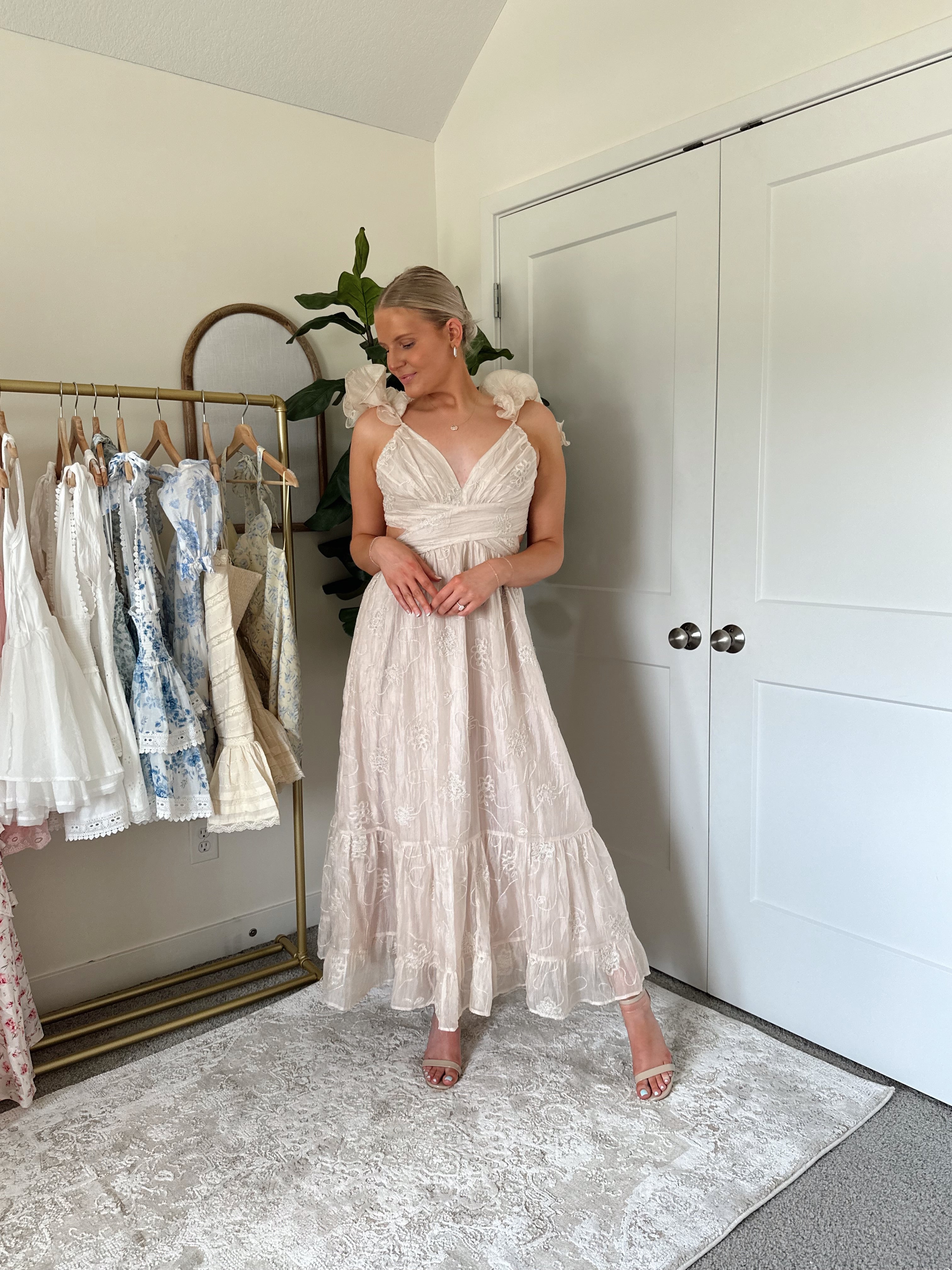 Champagne embroidered floral midi dress with ruffles, side cutouts, and lace-up open back
