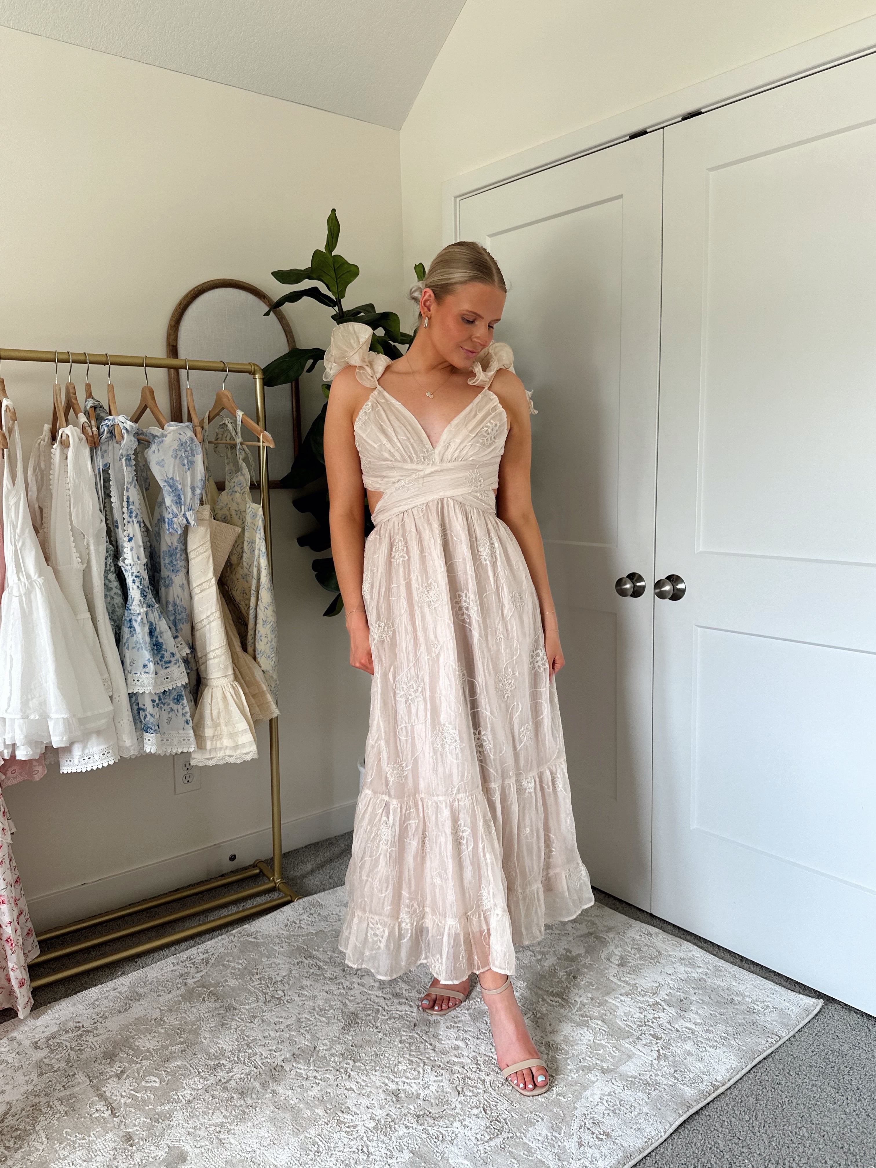 Champagne embroidered floral midi dress with ruffles, side cutouts, and lace-up open back